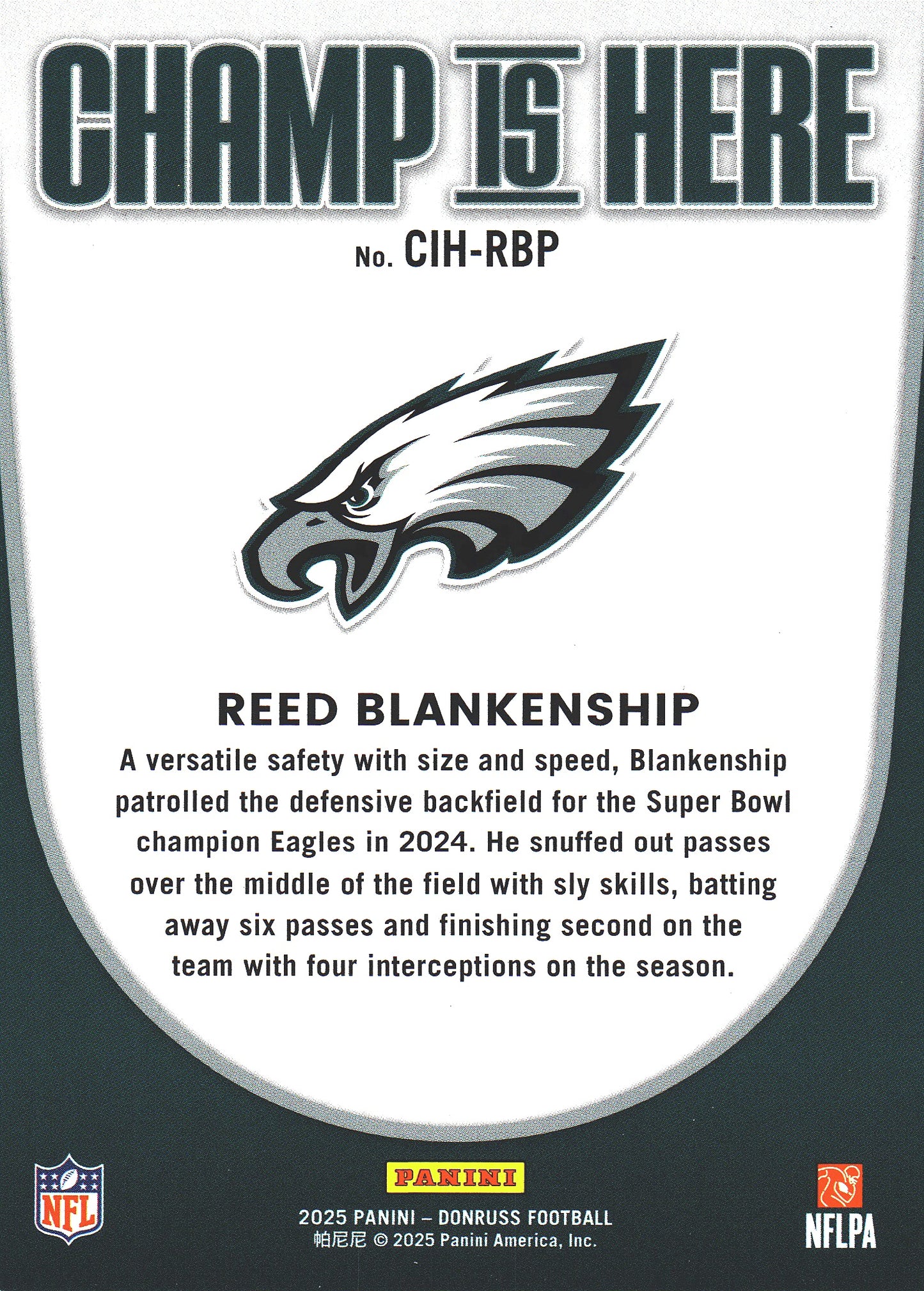 2025 Panini Donruss Champ Is Here Reed Blankenship #CIH-RBP Philadelphia Eagles