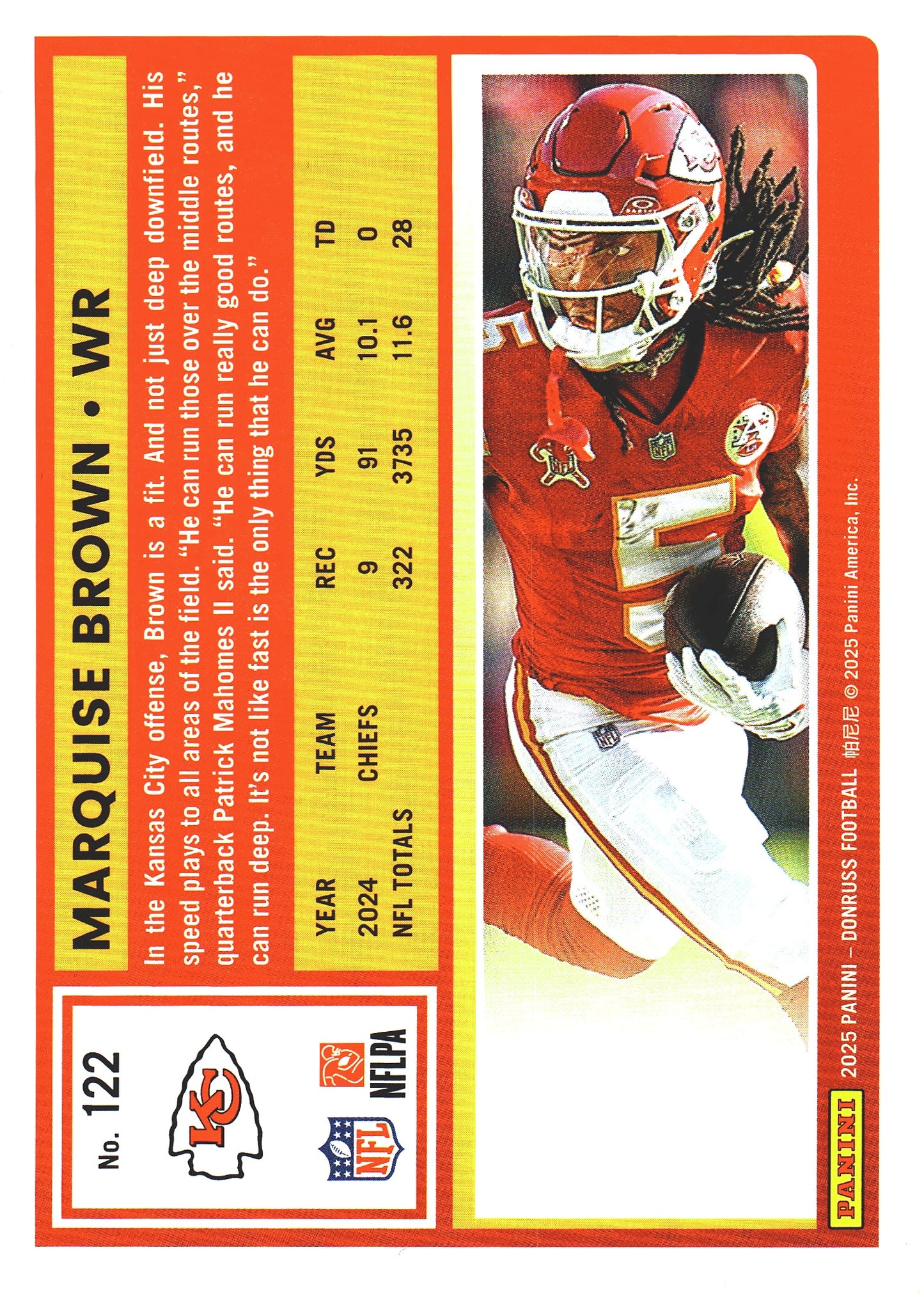 2025 Panini Donruss Press Proofs Red Marquise Brown #122 Kansas City Chiefs