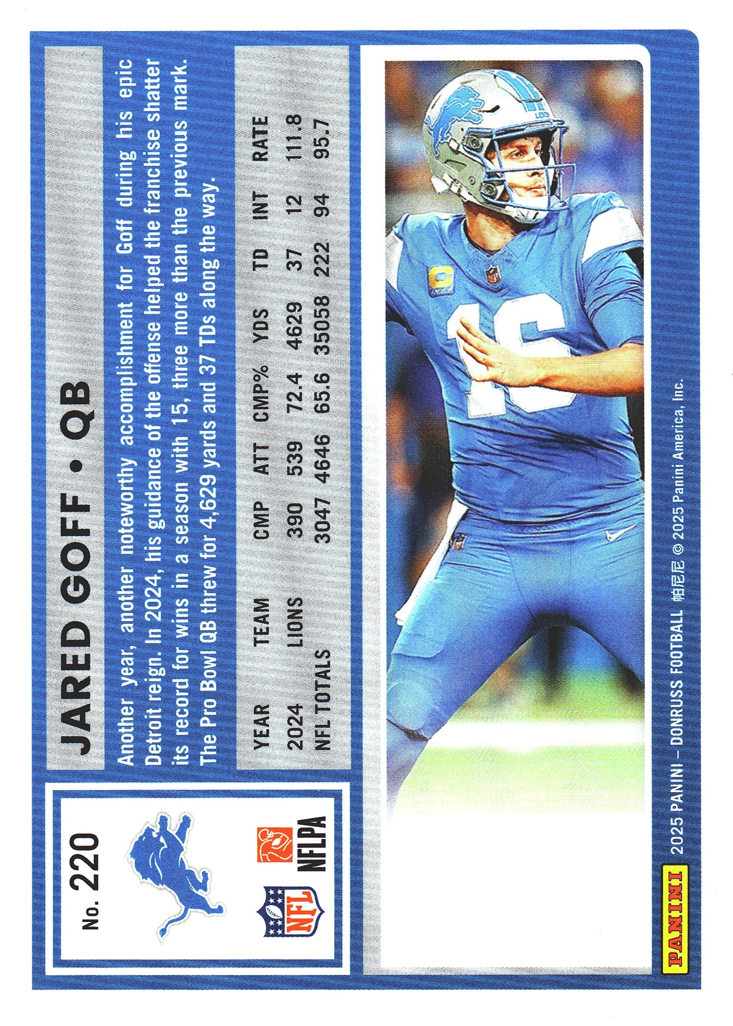 2025 Panini Donruss Press Proofs Red Jared Goff #220 Detroit Lions