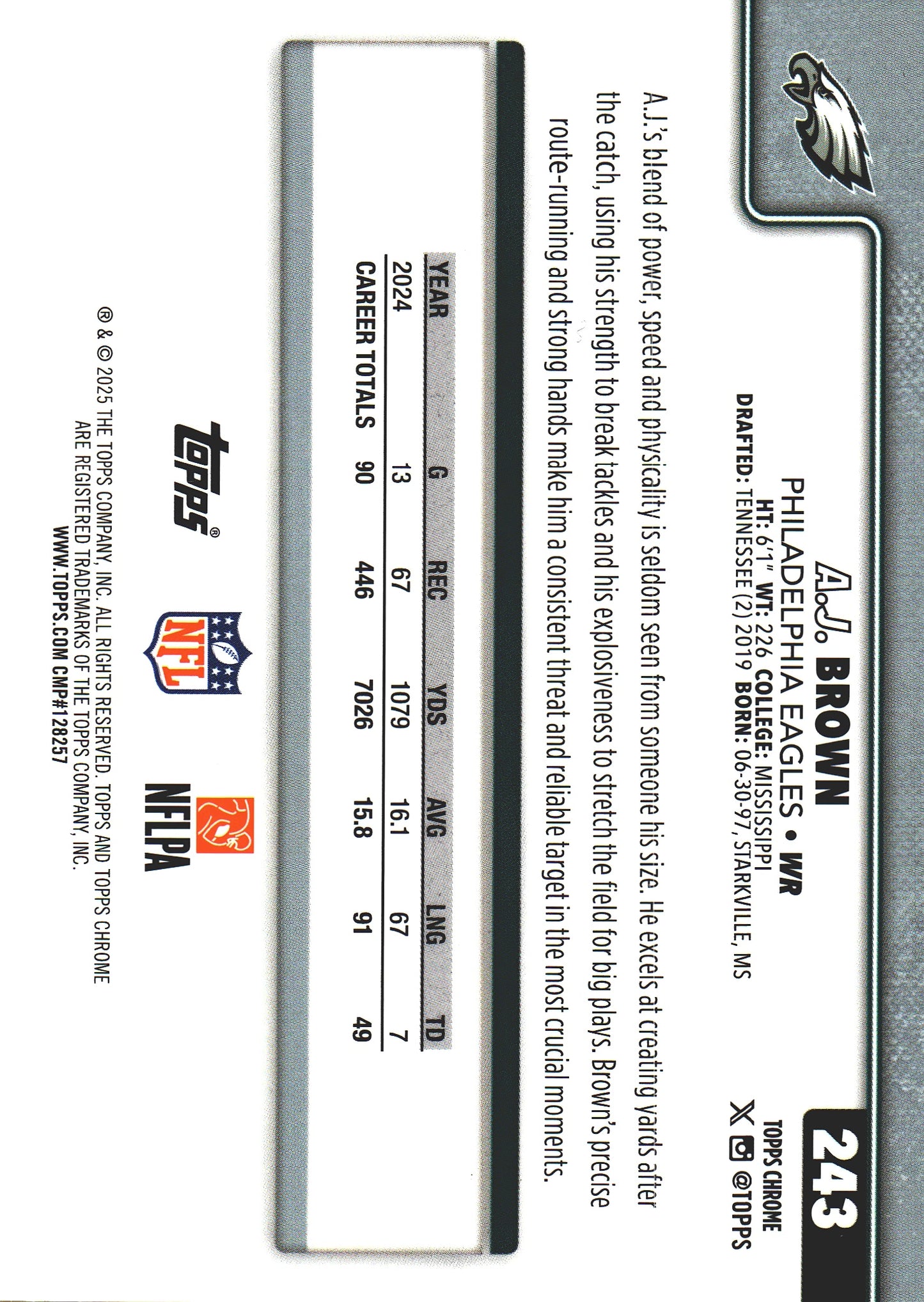 2025 Topps Chrome Purple /75 AJ Brown #243 Philadelphia Eagles