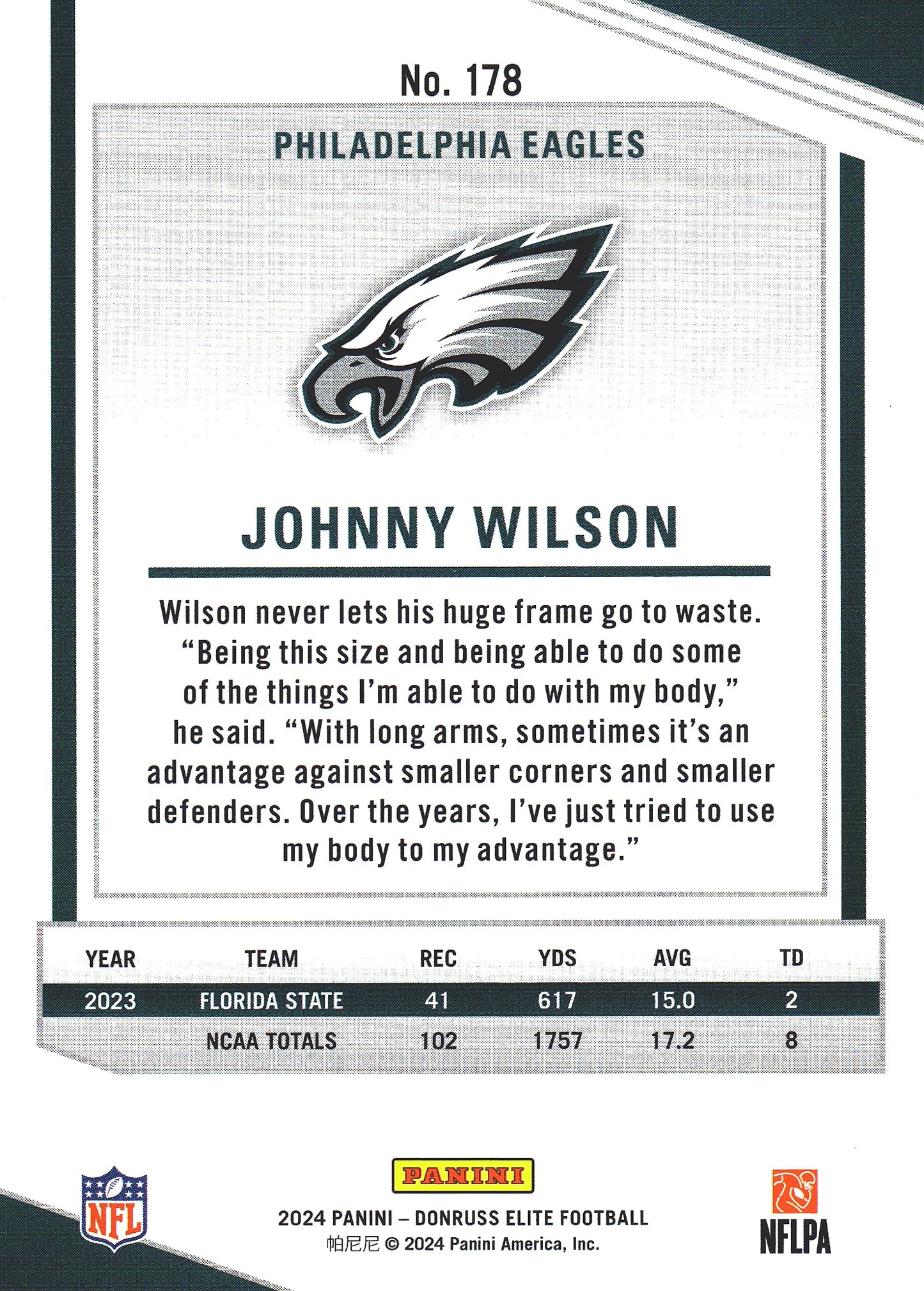2024 Panini Donruss Elite Johnny Wilson RC /999 #178 Philadelphia Eagles