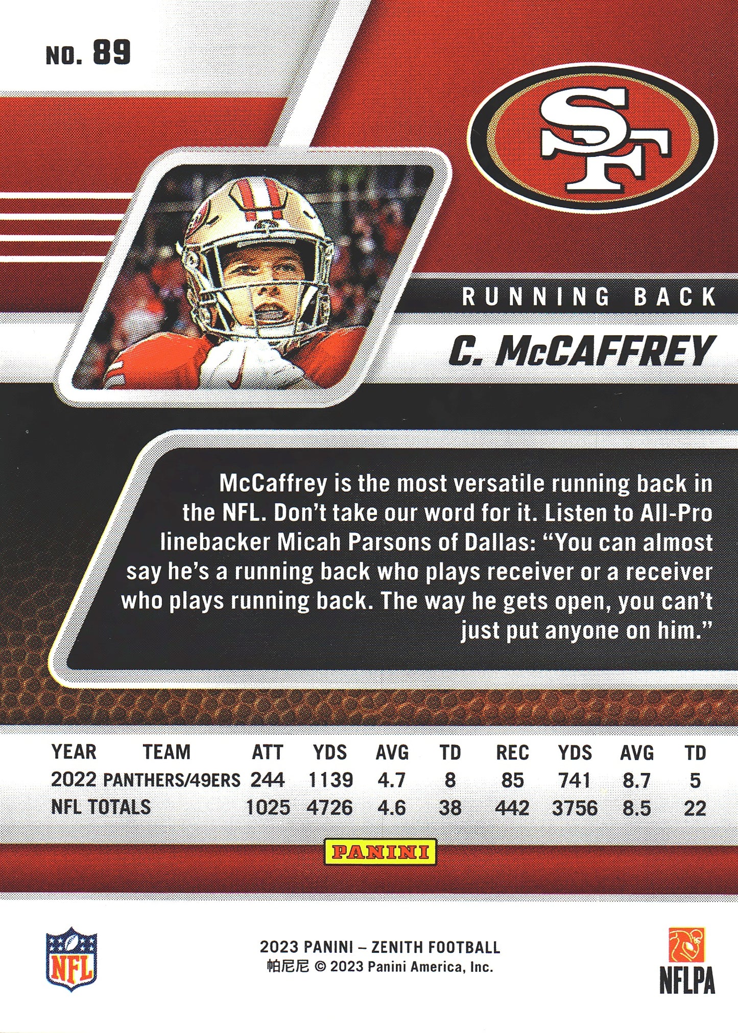2023 Panini Zenith Christian McCaffrey #89 San Francisco 49ers
