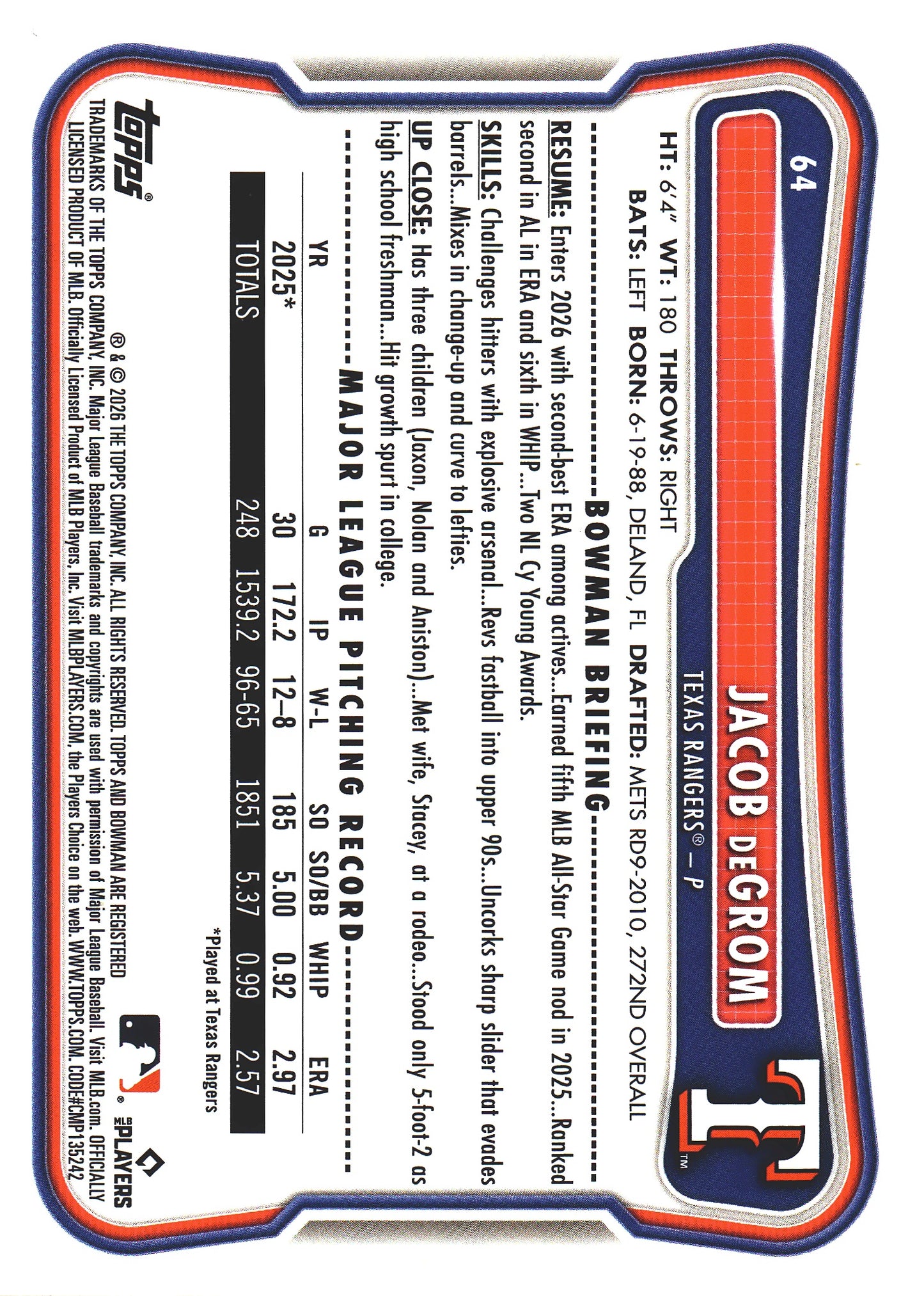2026 Topps Bowman Blue /150 Jacob deGrom #64 Texas Rangers