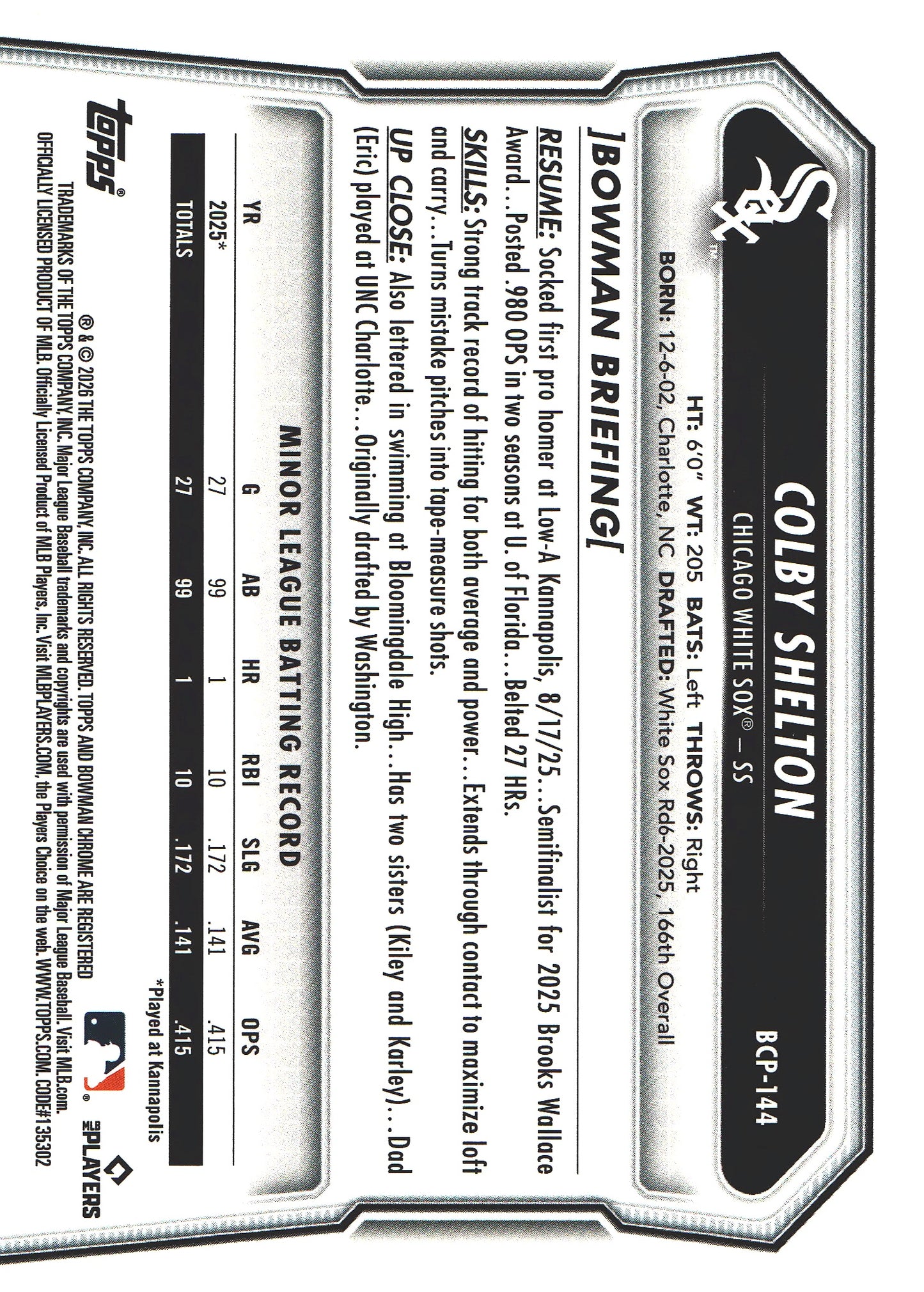 2026 Topps Bowman Chrome Purple /250 1st Colby Shelton #BCP-144 Chicago White Sox