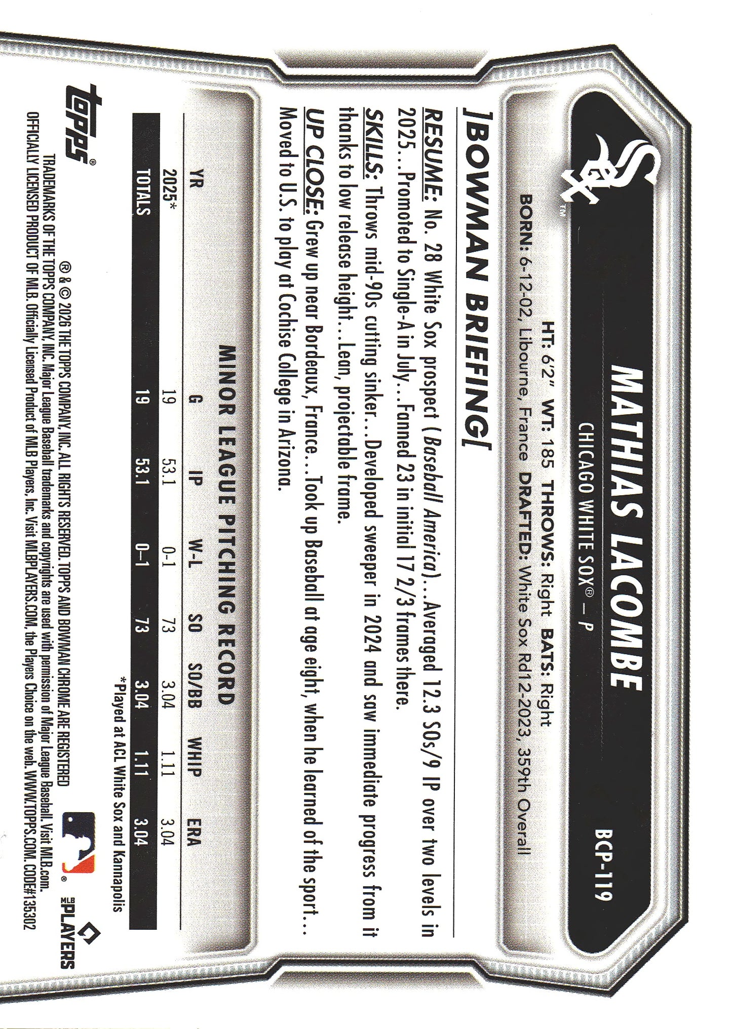 2026 Topps Bowman Chrome Yellow /75 1st Mathias Lacombe #BCP-119 Chicago White Sox