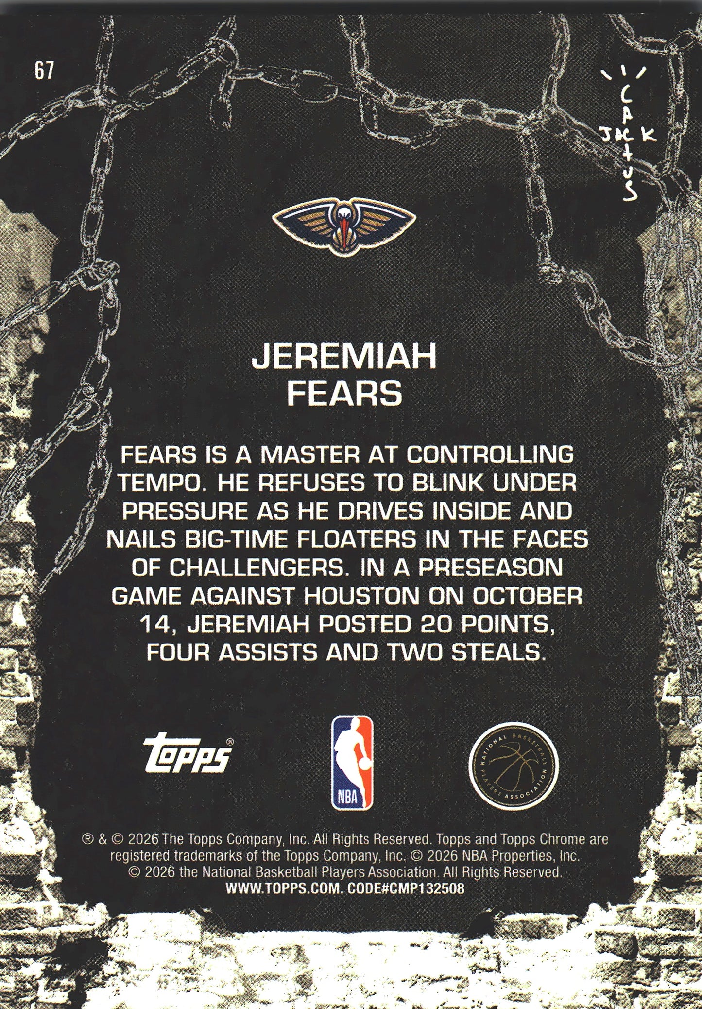 2025 Topps Chrome Cactus Jack Jeremiah Fears RC #67 New Orleans Pelicans