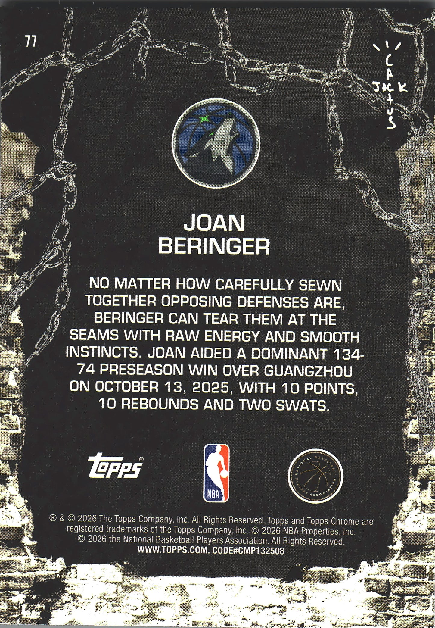 2025 Topps Chrome Cactus Jack Joan Beringer RC #77 Minnesota Timberwolves