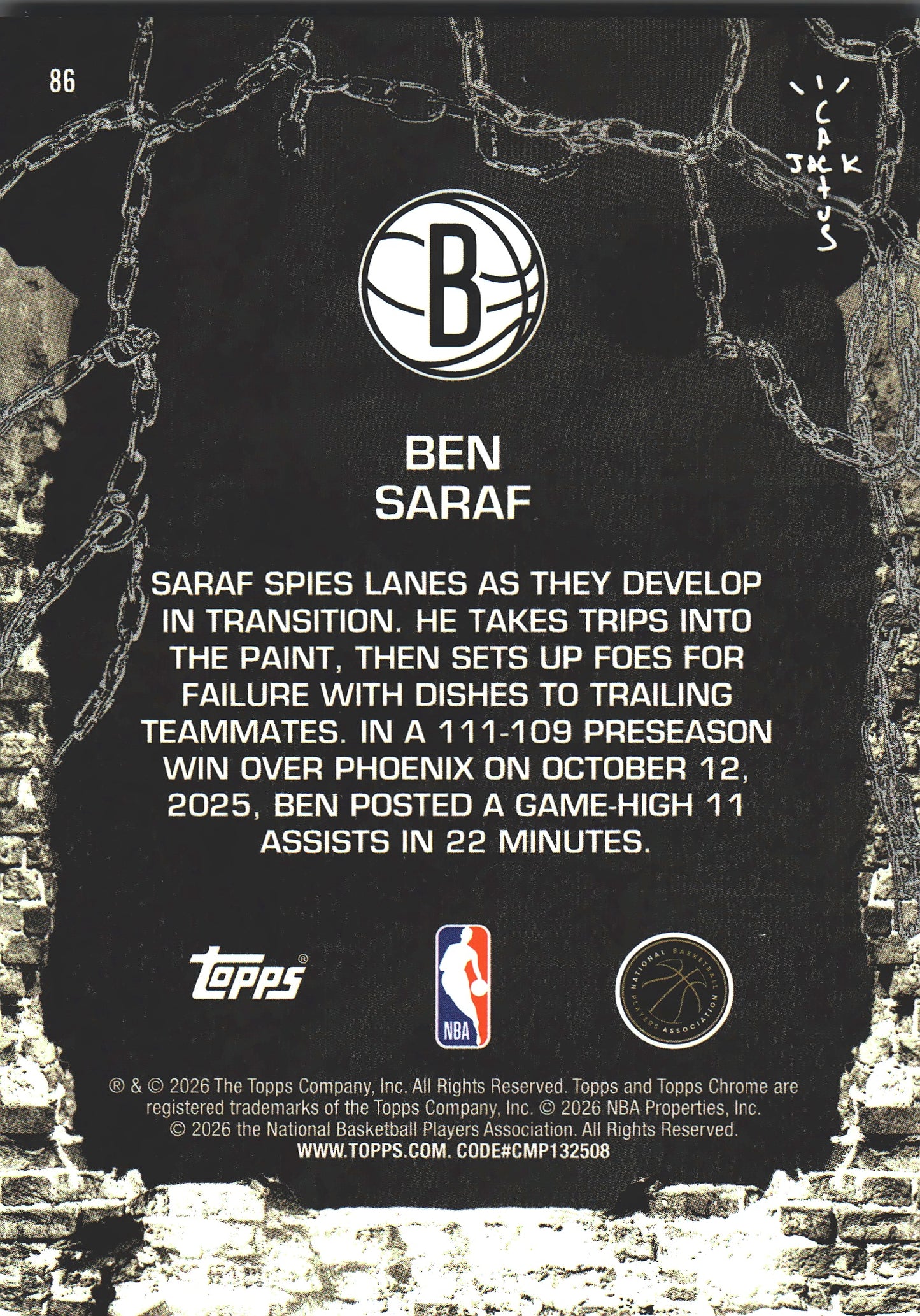 2025 Topps Chrome Cactus Jack Ben Saraf RC #86 Brooklyn Nets