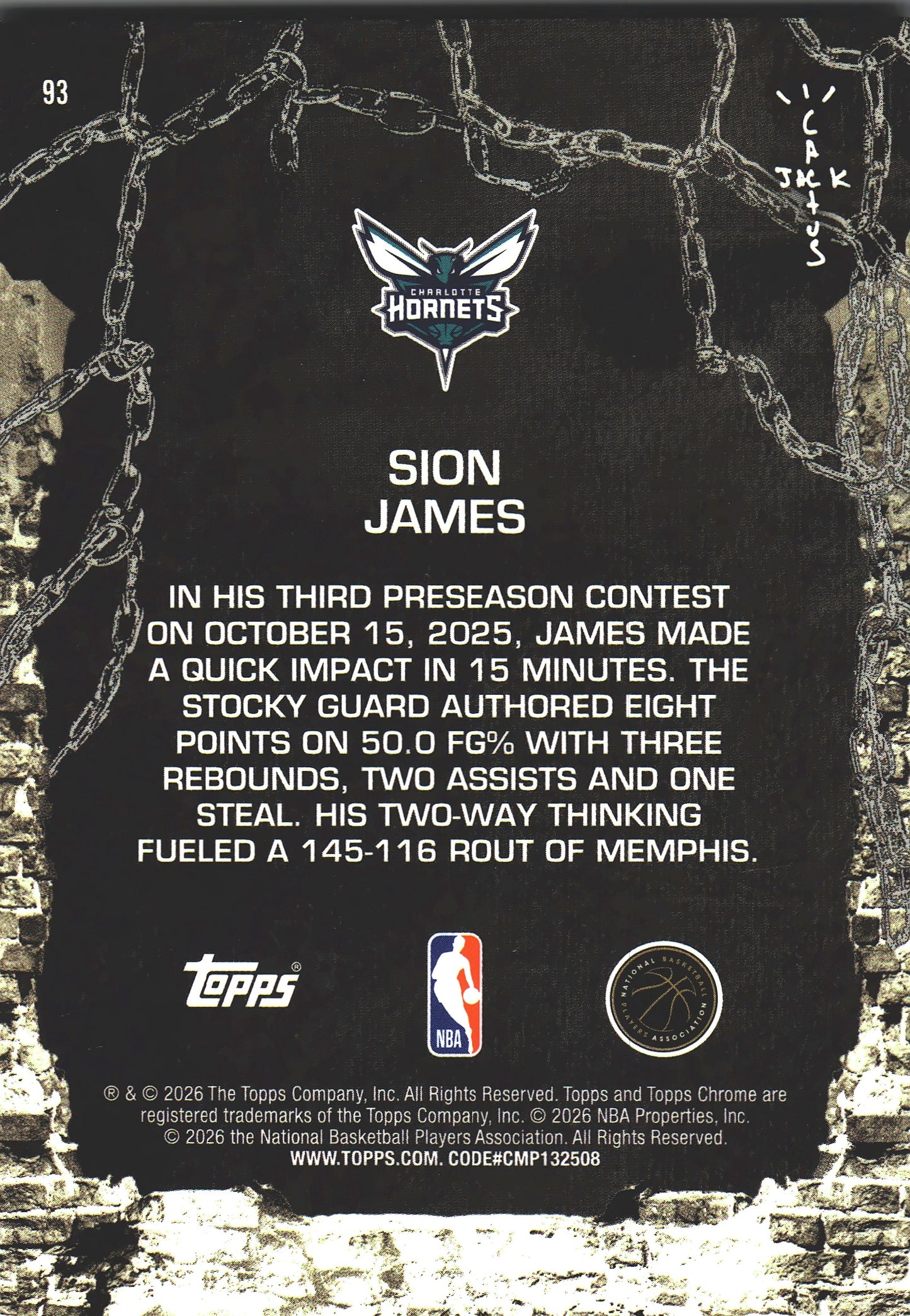 2025 Topps Chrome Cactus Jack Sion James RC #93 Charlotte Hornets