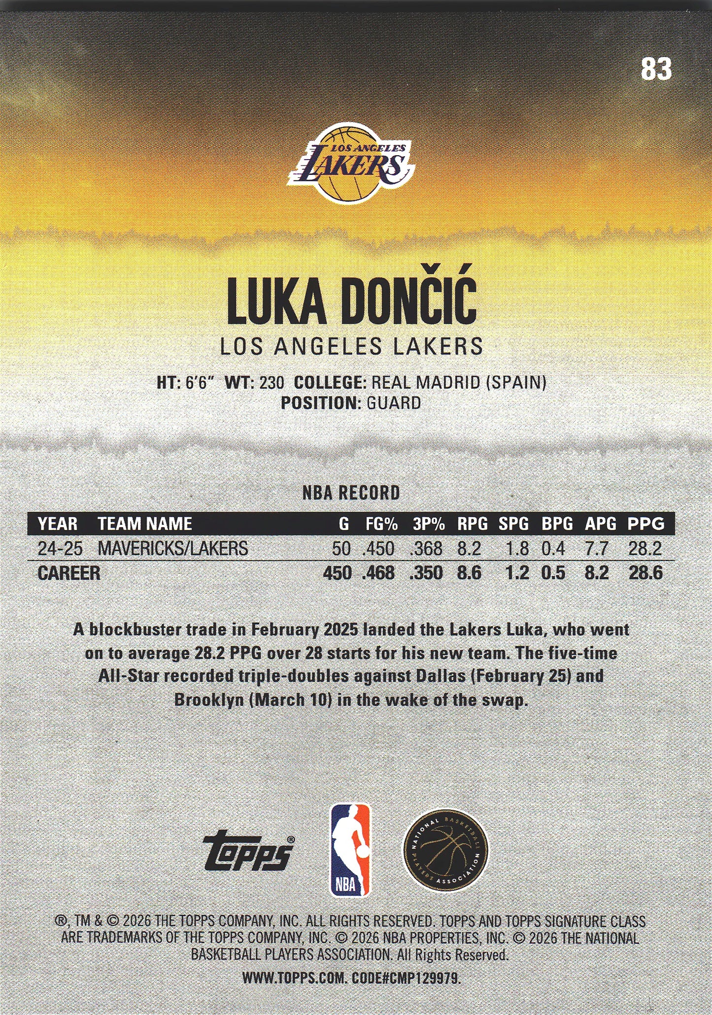 2025 Topps Signature Class Luka Dončić #83 Los Angeles Lakers