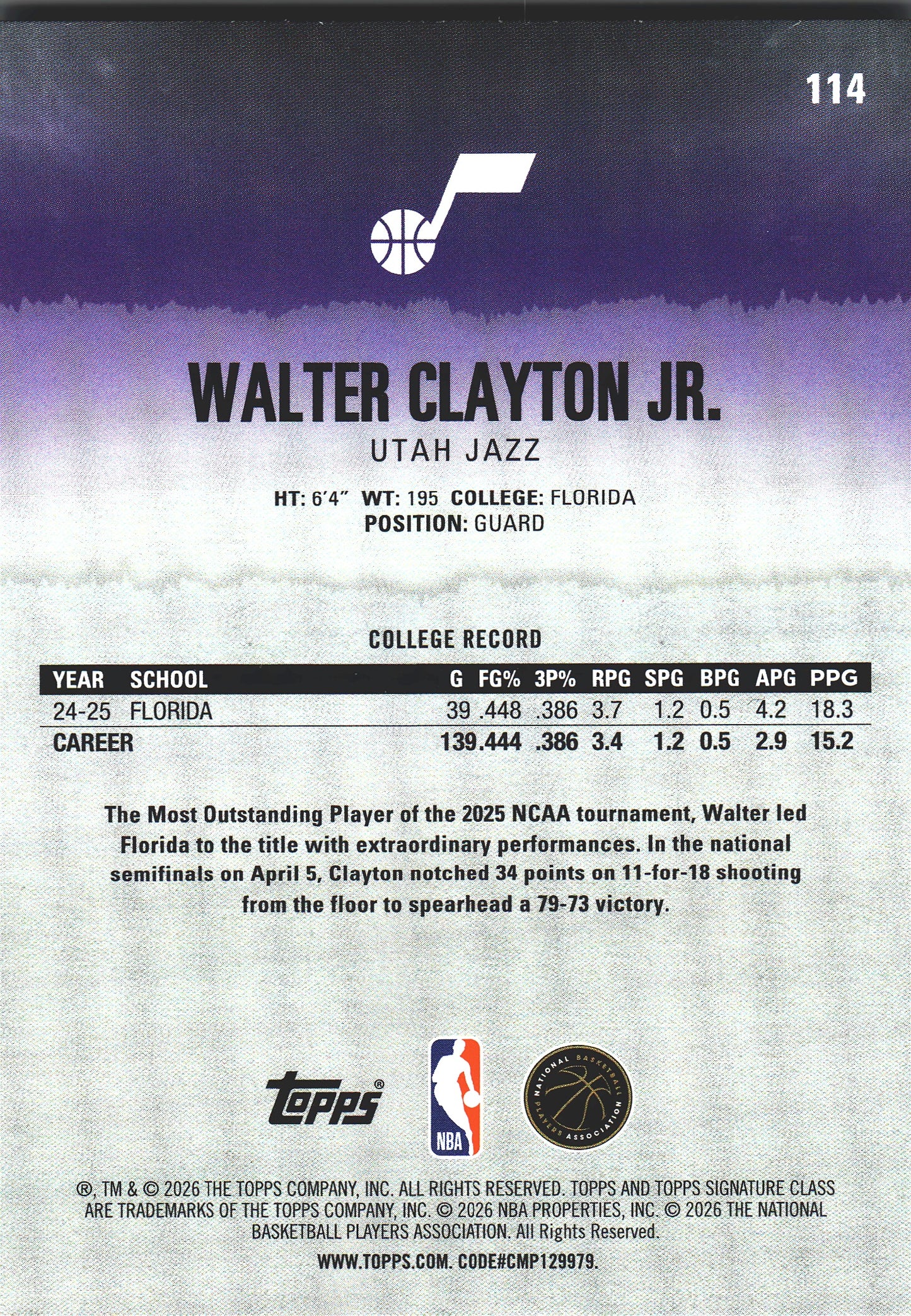 2025 Topps Signature Class Walter Clayton Jr. RC #114 Utah Jazz