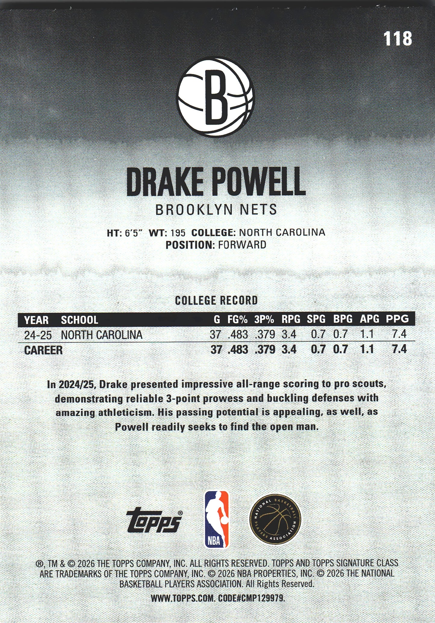 2025 Topps Signature Class Drake Powell RC #118 Brooklyn Nets