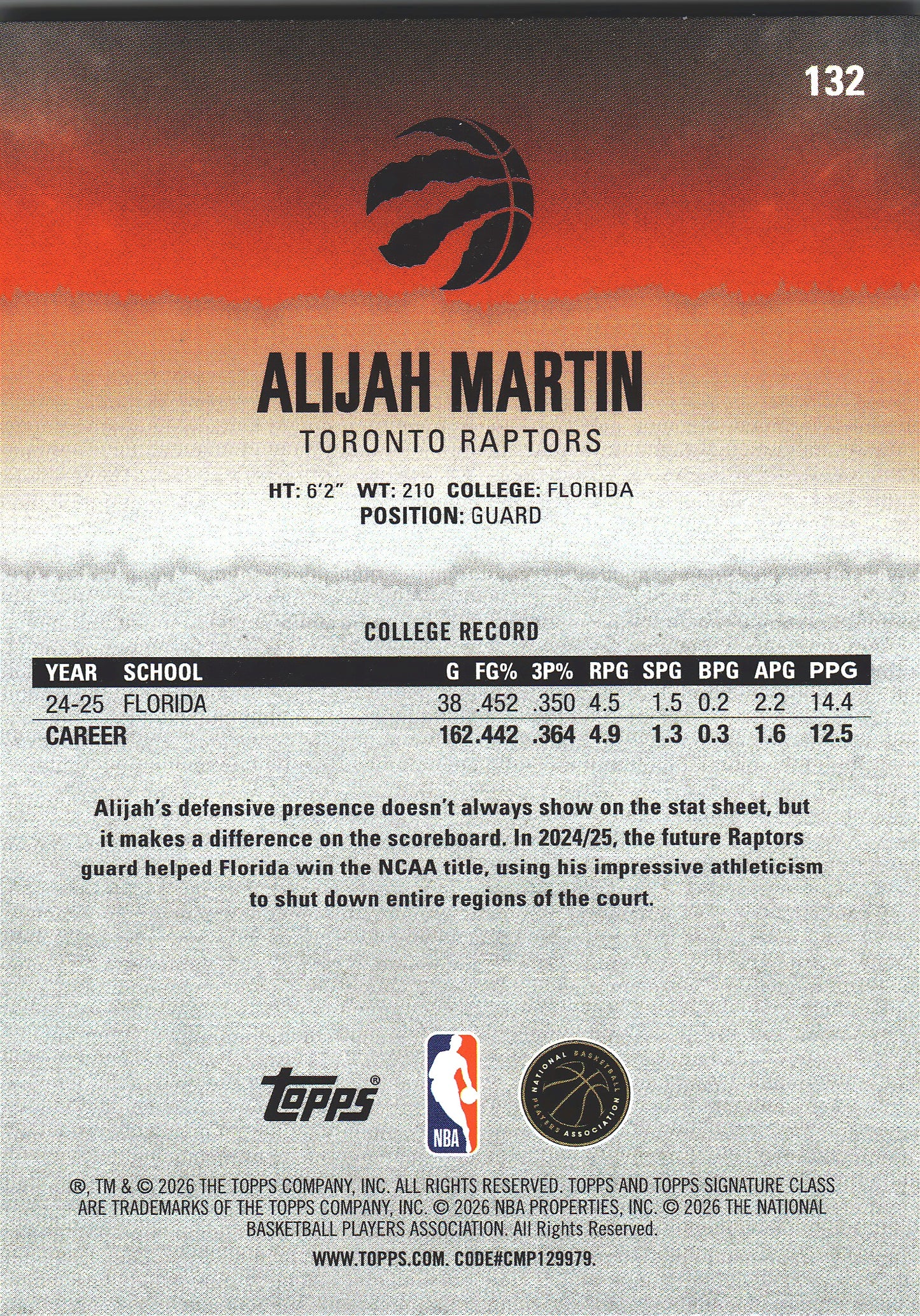 2025 Topps Signature Class Alijah Martin RC #132 Toronto Raptors