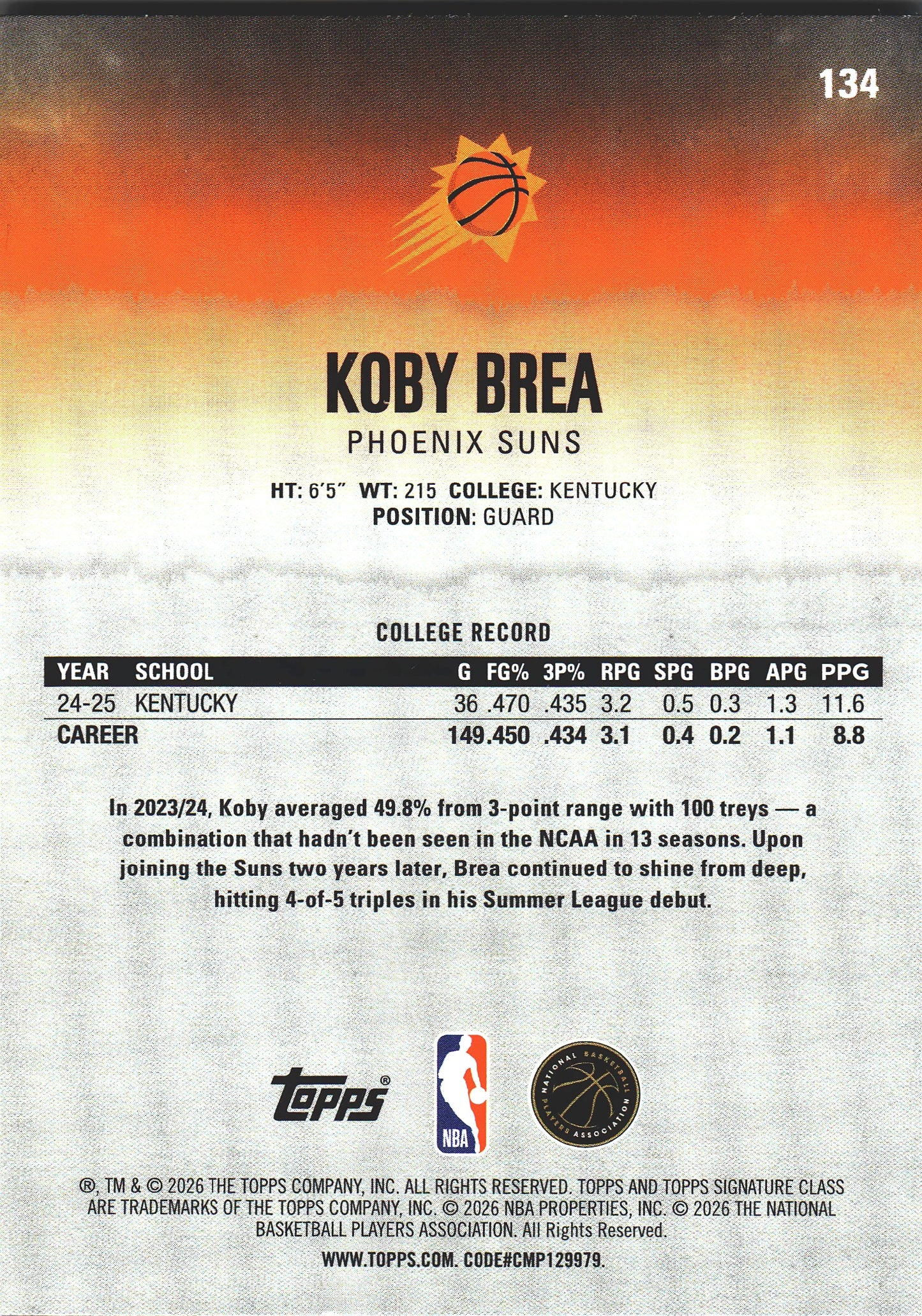 2025 Topps Signature Class Koby Brea RC #134 Phoenix Suns