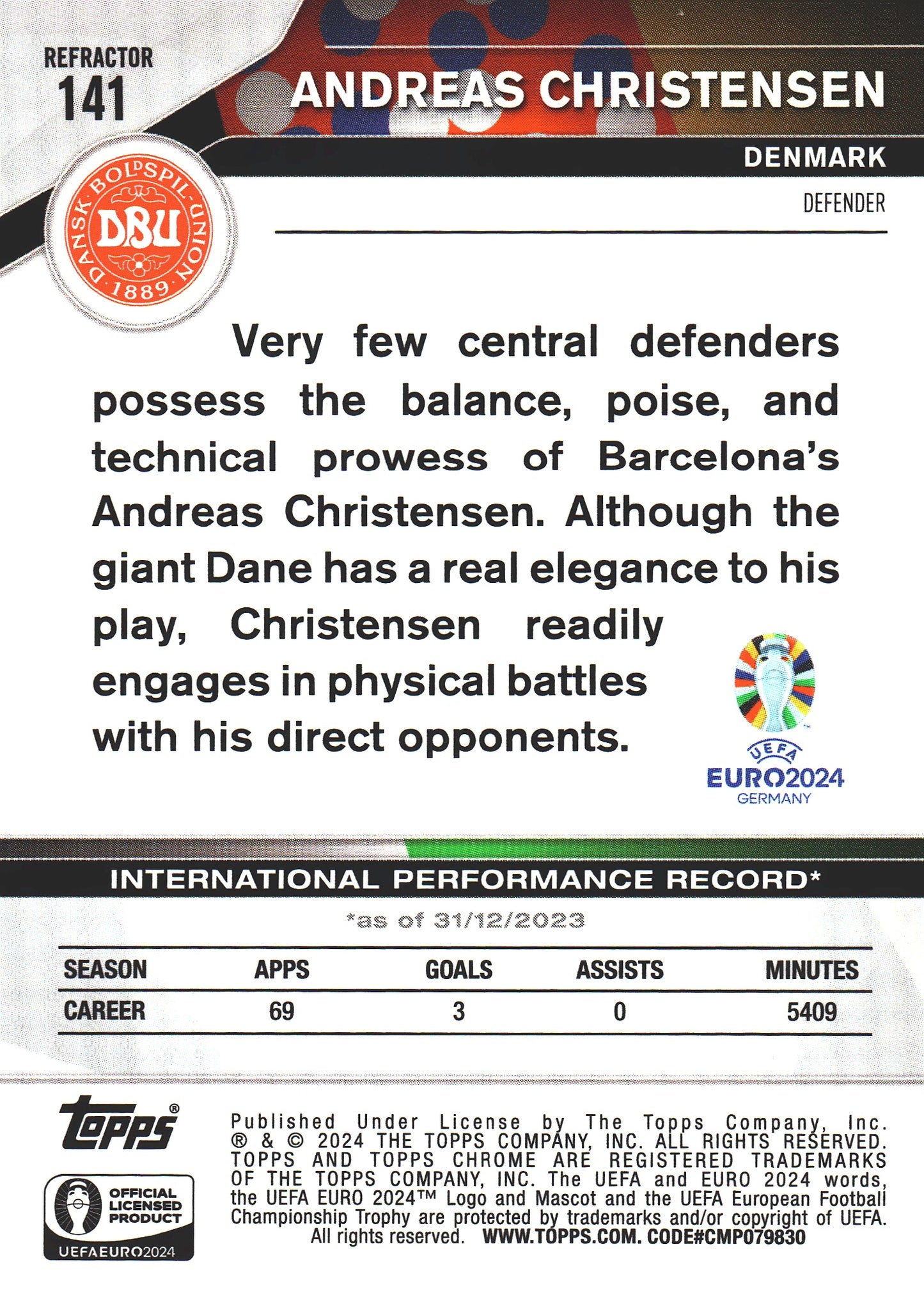 2024 Topps Chrome EURO Refractor Andreas Christensen #141 Danemark