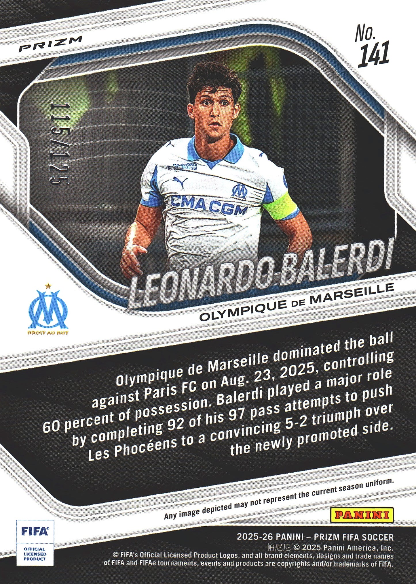 2025 Panini Prizm FIFA Orange /125 Leonardo Balerdi #141 Marseille