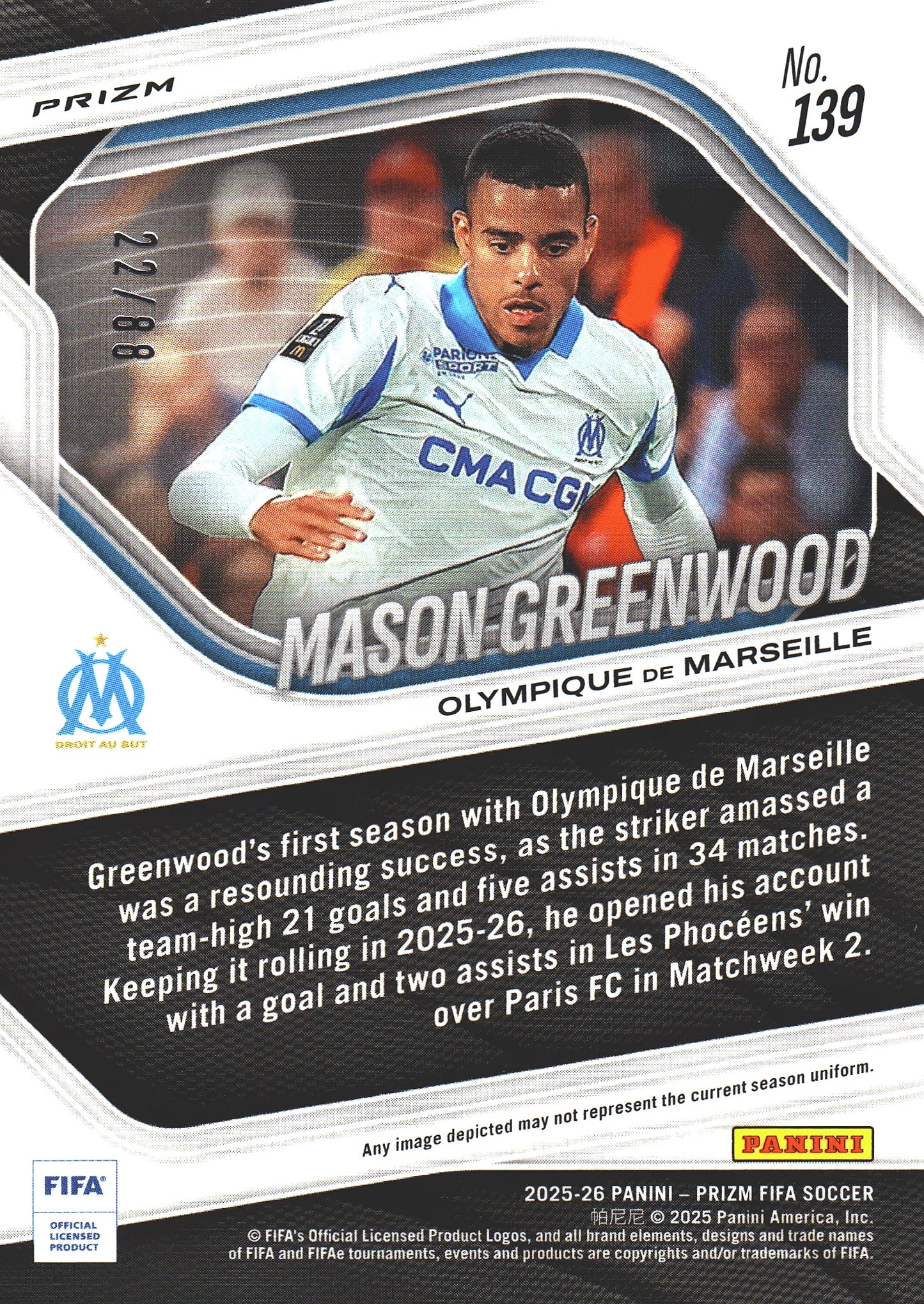 2025 Panini Prizm FIFA Red /88 Mason Greenwood #139 Marseille