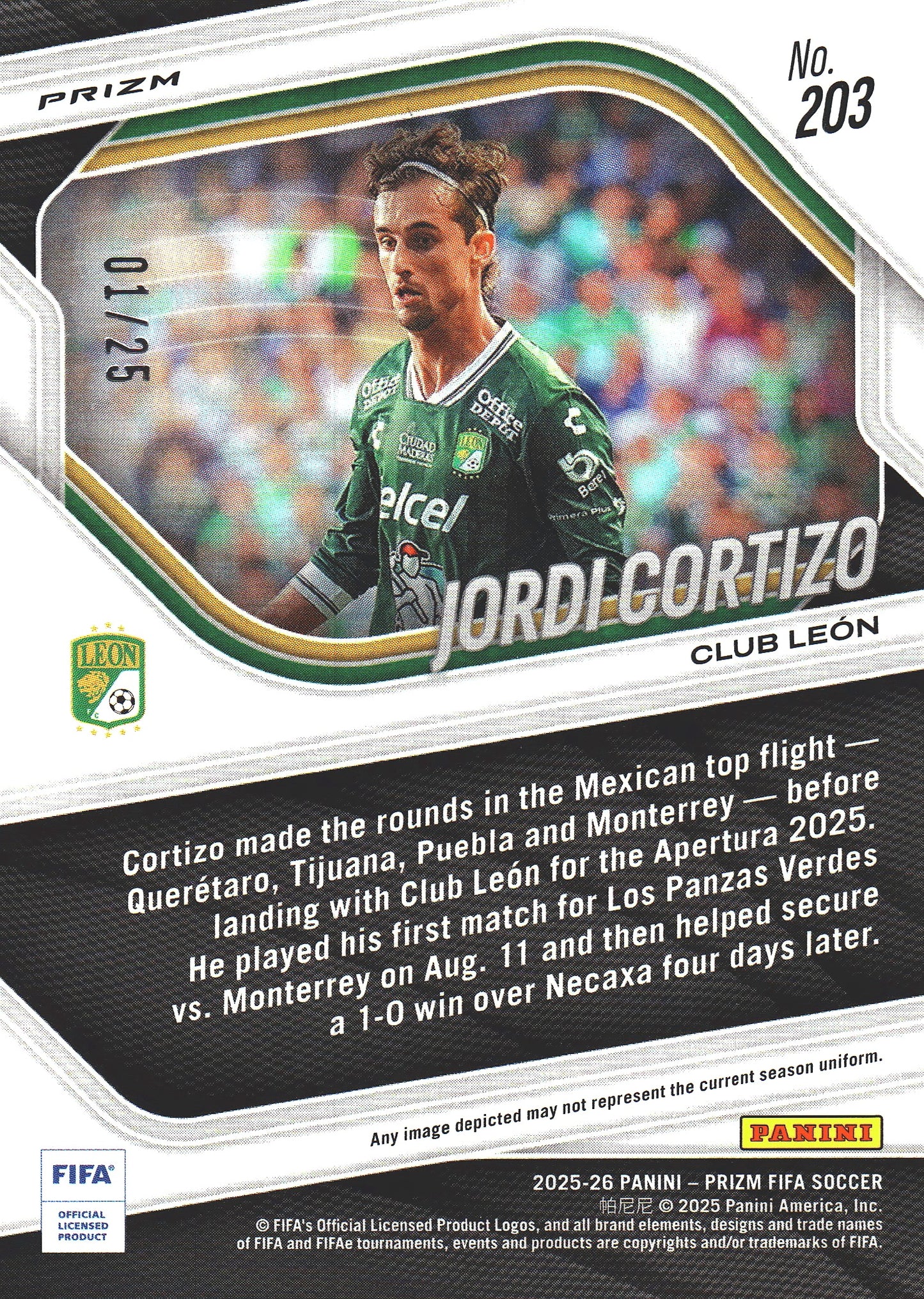 2025 Panini Prizm FIFA White /25 Jordi Cortizo #203 León FC