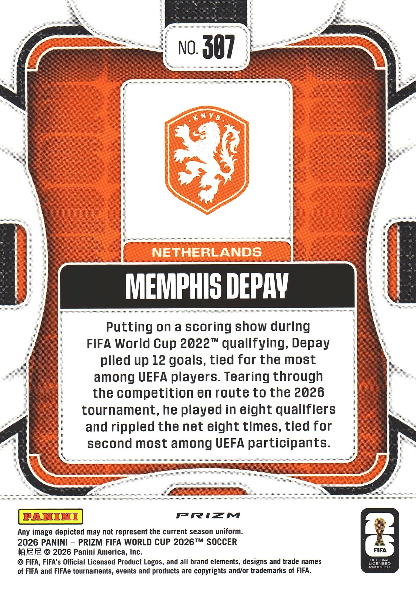 2026 Panini Prizm World Cup Silver Memphis Depay #307 Pays-Bas