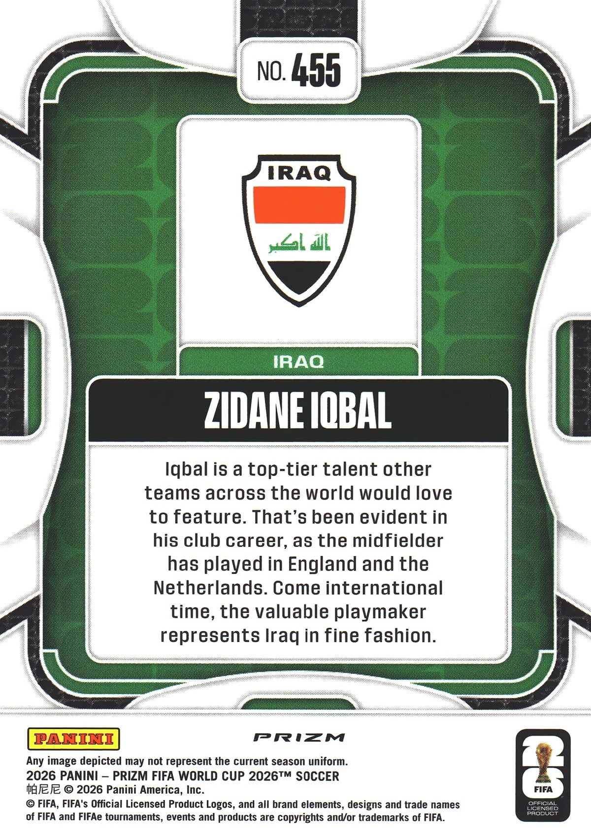 2026 Panini Prizm World Cup Silver Zidane Iqbal #455 Irak
