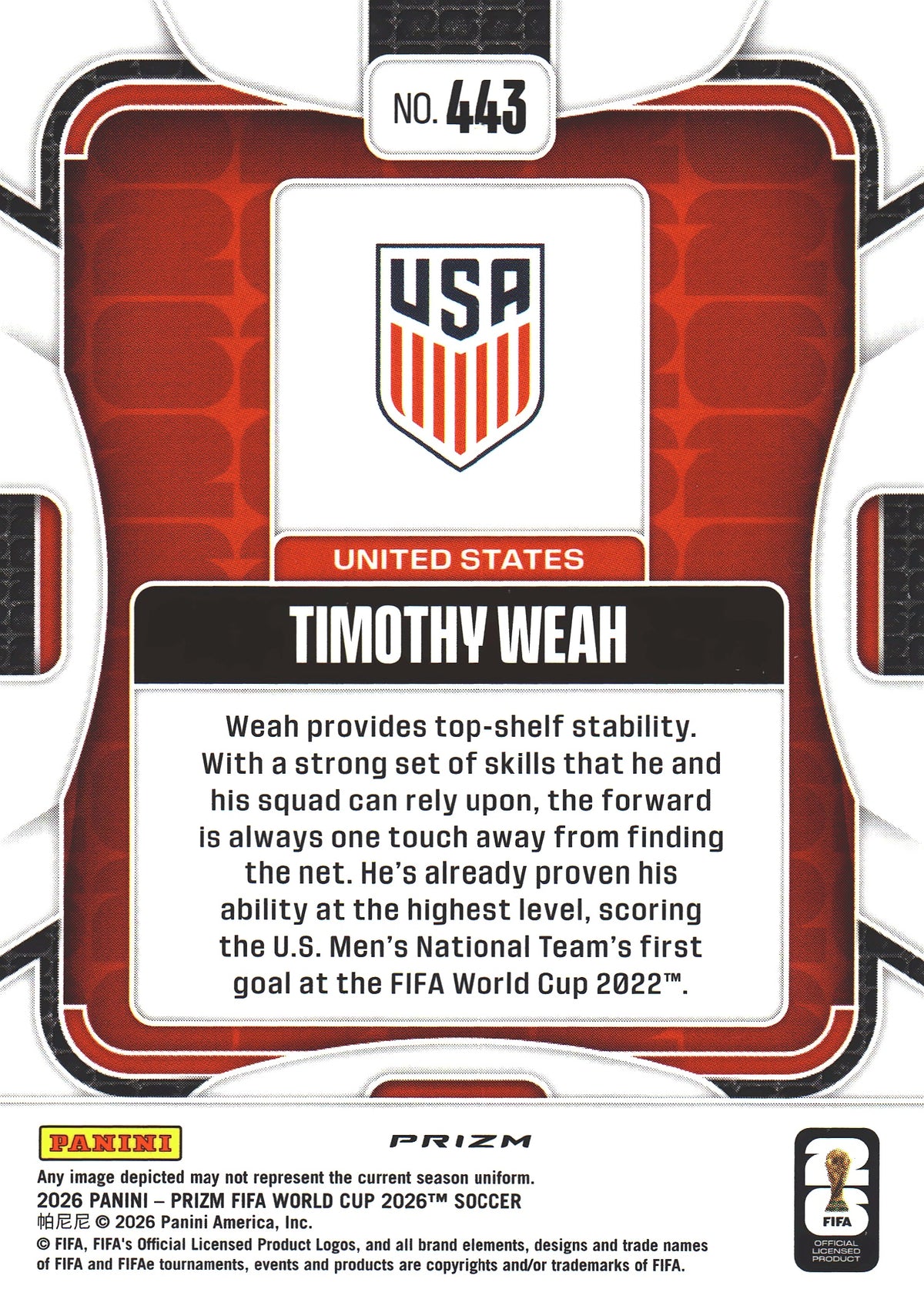 2026 Panini Prizm World Cup Hyper Timothy Weah #443 USA