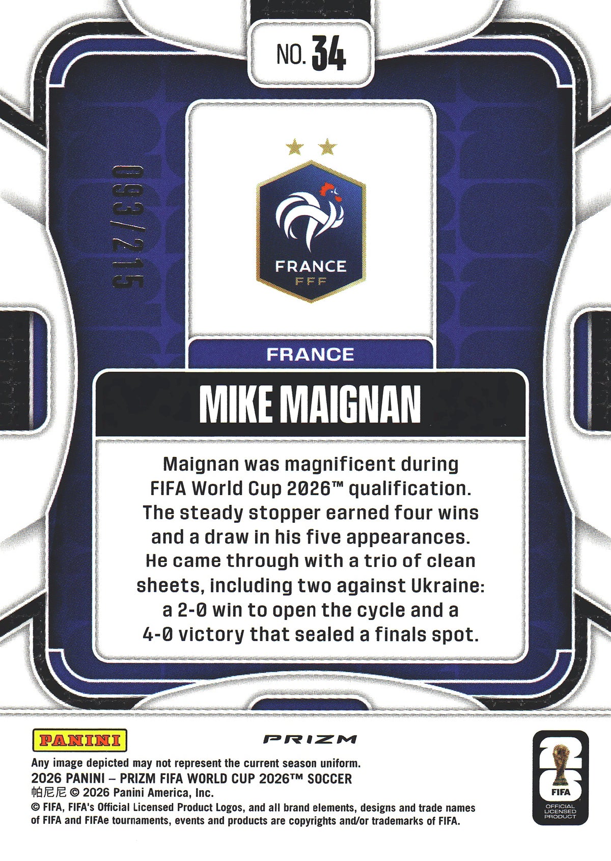 2026 Panini Prizm World Cup Orange Pandora /215 Mike Maignan #34 France