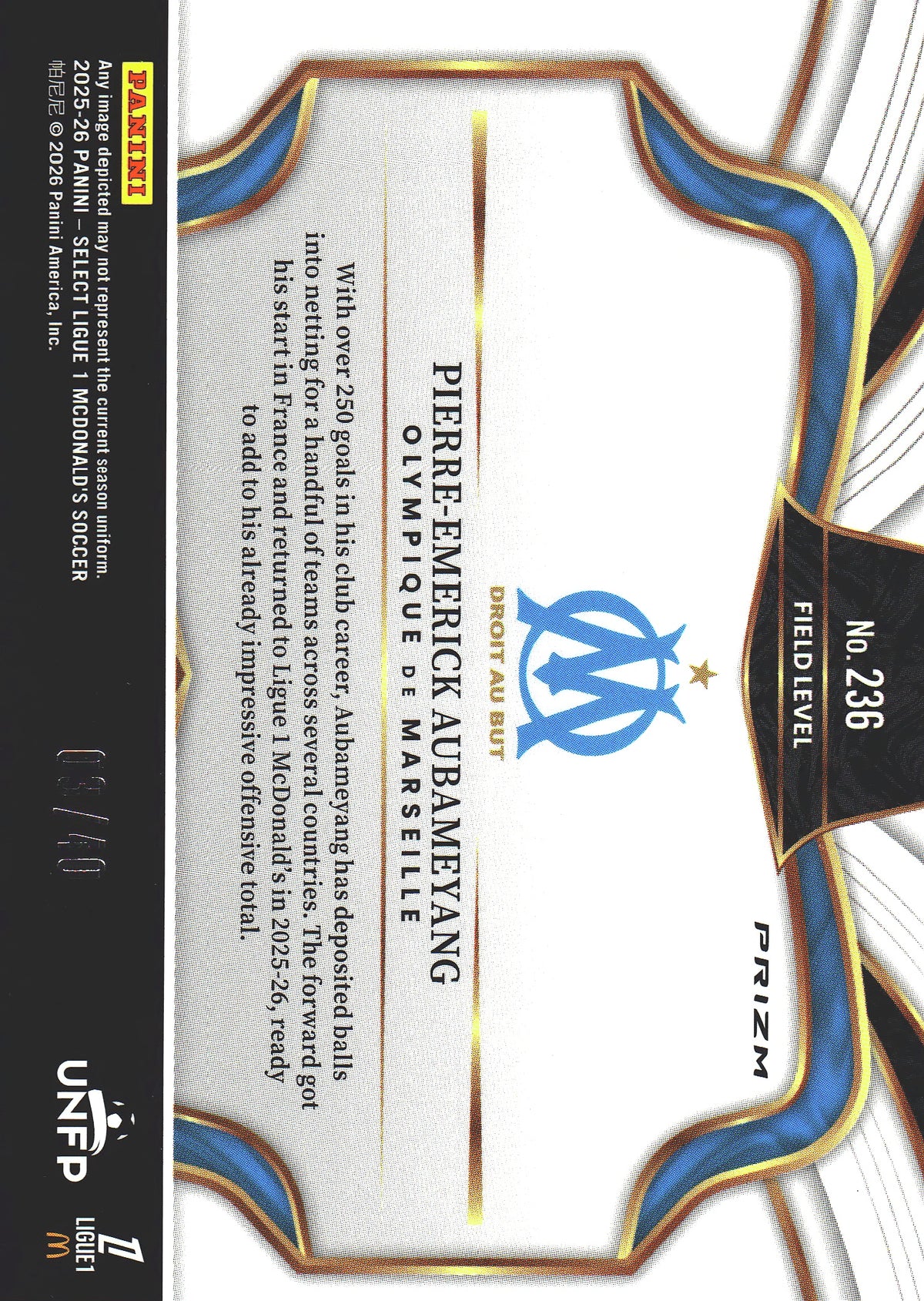 2025 Panini Select Ligue 1 Blue /40 Pierre-Emerick Aubameyang #236 Marseille