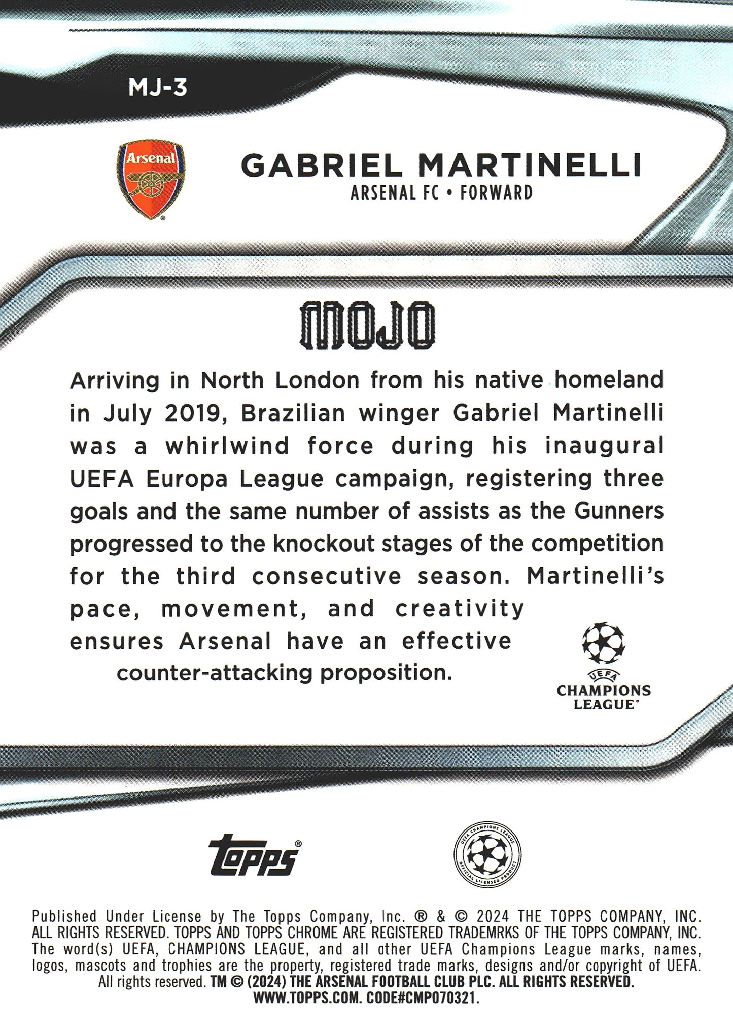 2023 Topps Chrome UCC Mojo Case Hit Gabriel Martinelli #MJ-3 Arsenal