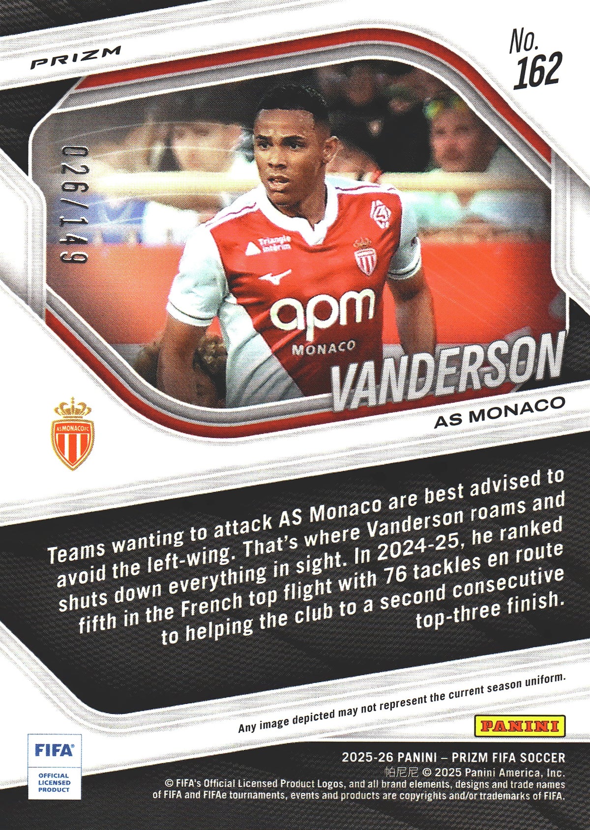 2025 Panini Prizm FIFA Red /149 Vanderson #162 Monaco
