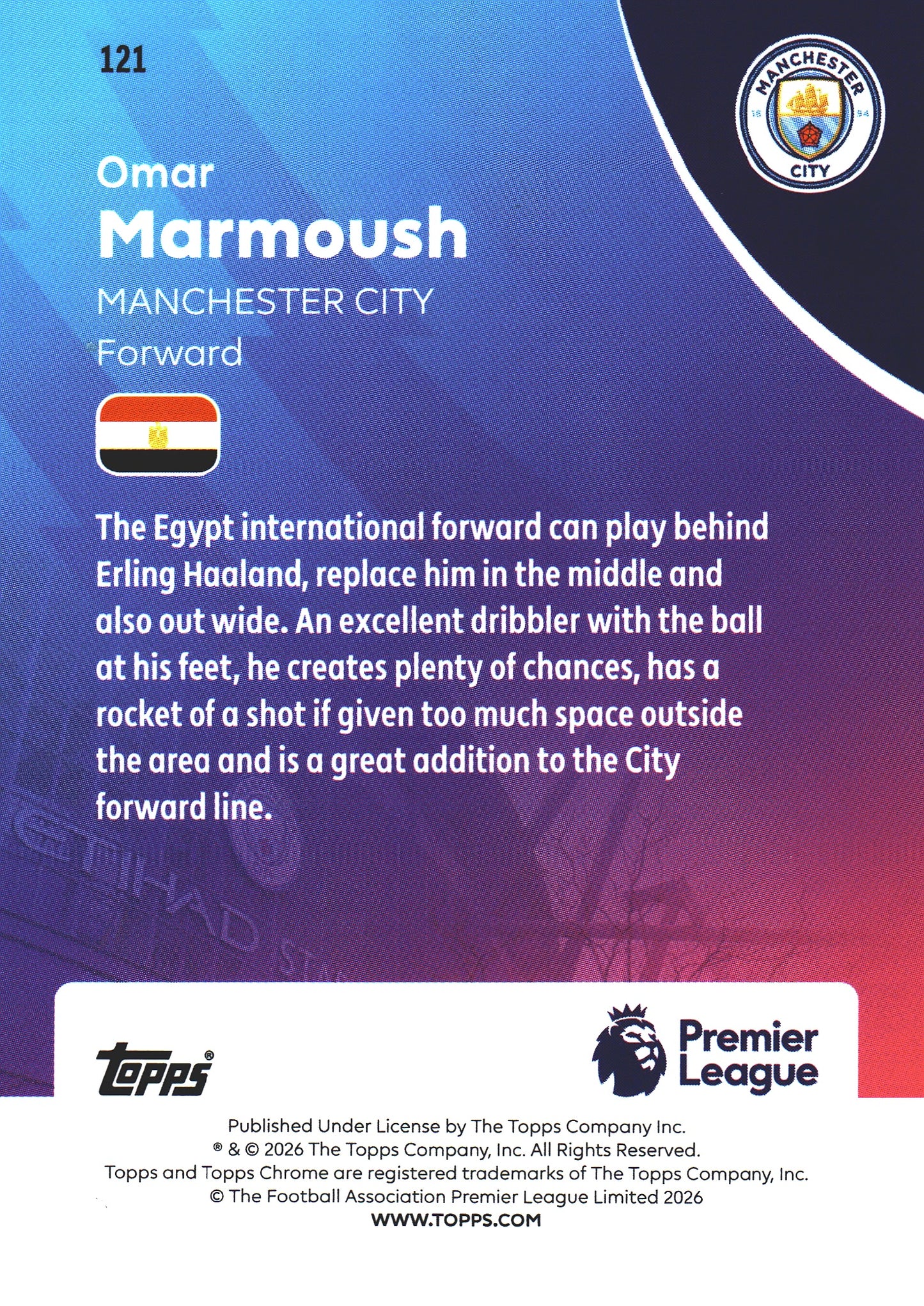 2025 Topps Chrome Sapphire PL /99 Omar Marmoush #121 Manchester City