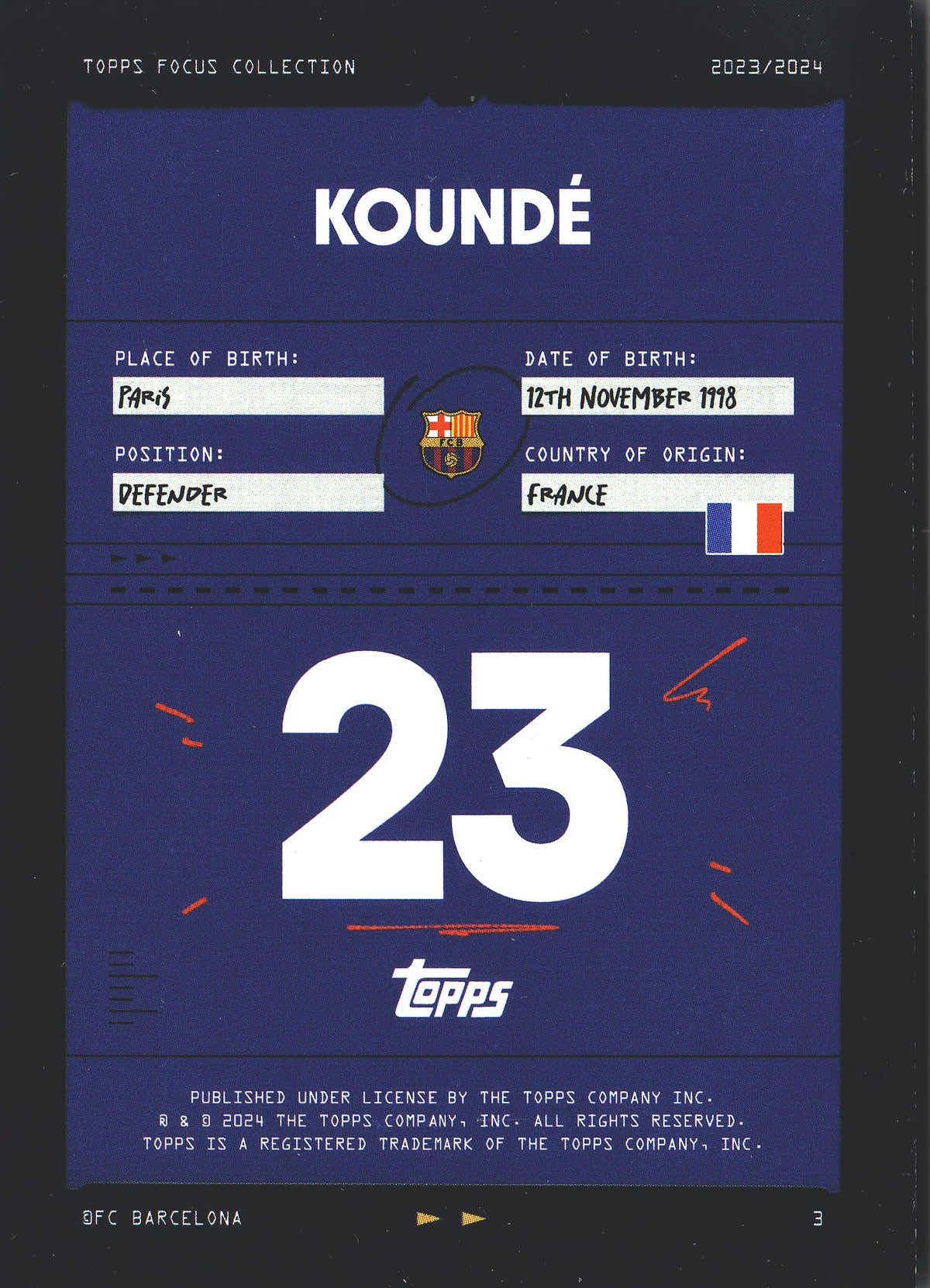 2023 Topps Focus FC Barcelona Koundé #3 FC Barcelona