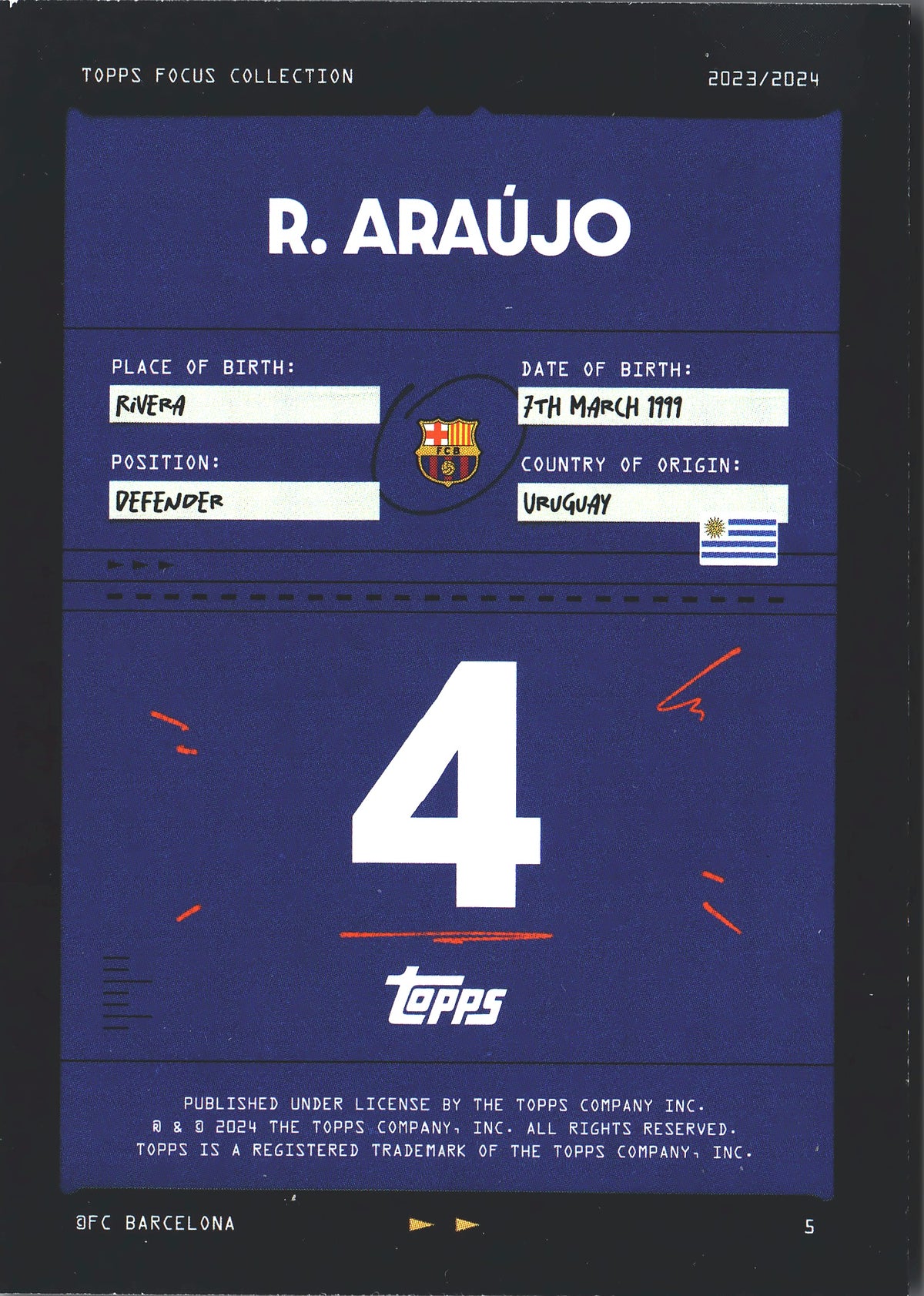 2023 Topps Focus FC Barcelona R. Araújo #5 FC Barcelona