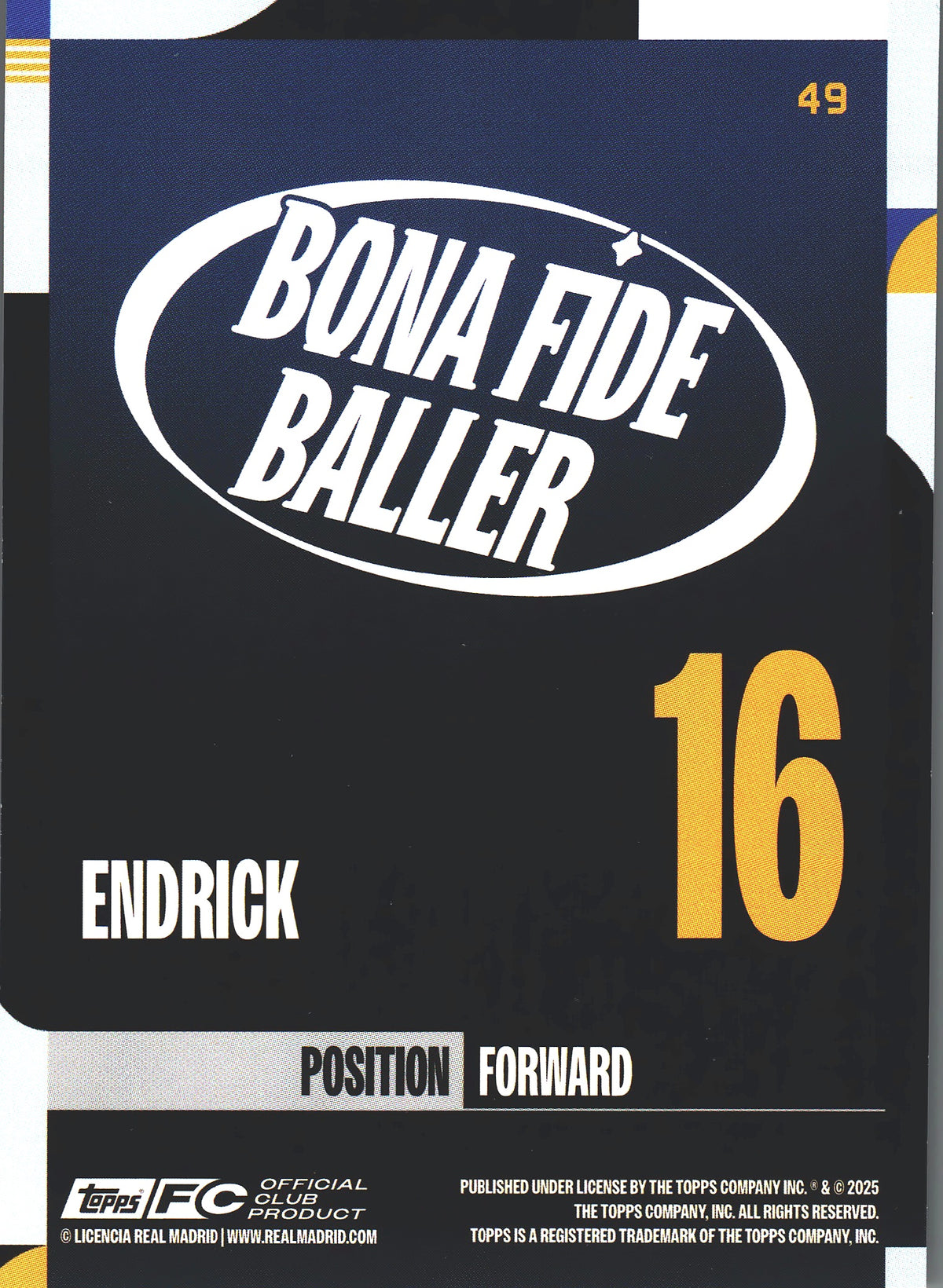 2024 Topps Real Madrid Team Set Bona Fide Baller RC Static Foil Endrick #49 Real