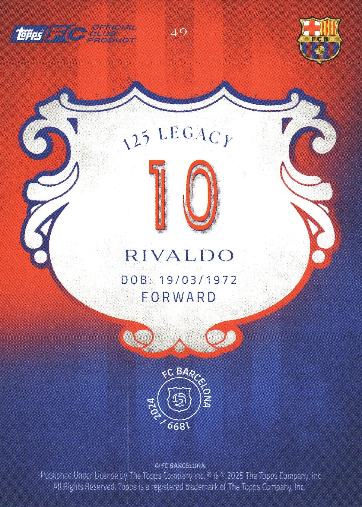 2024 Topps FC Barcelona 125th Anniversary Rivaldo #49 FC Barcelona