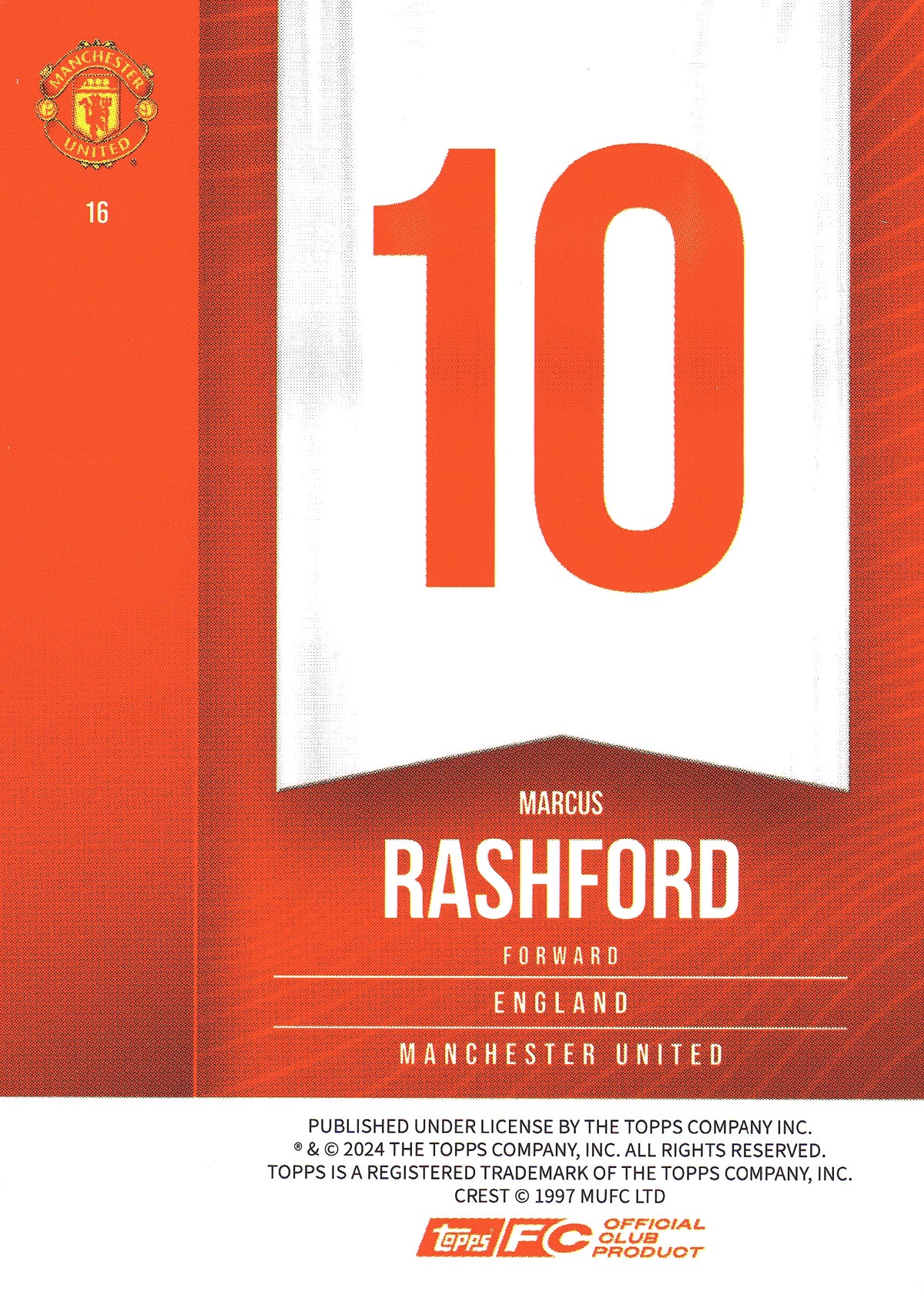 2024 Topps Manchester United Fan Set Marcus Rashford #16 Manchester United