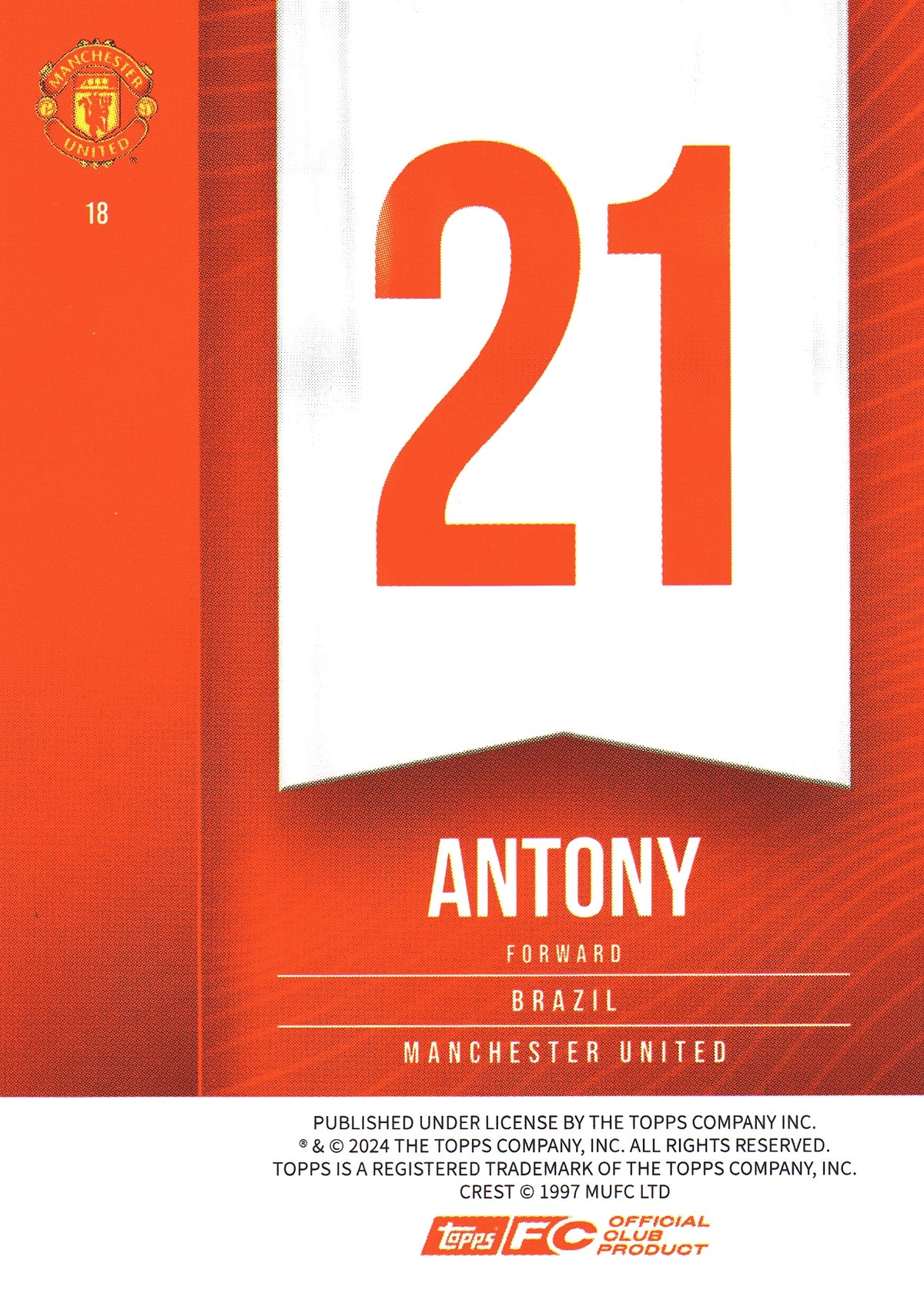 2024 Topps Manchester United Fan Set Antony #18 Manchester United