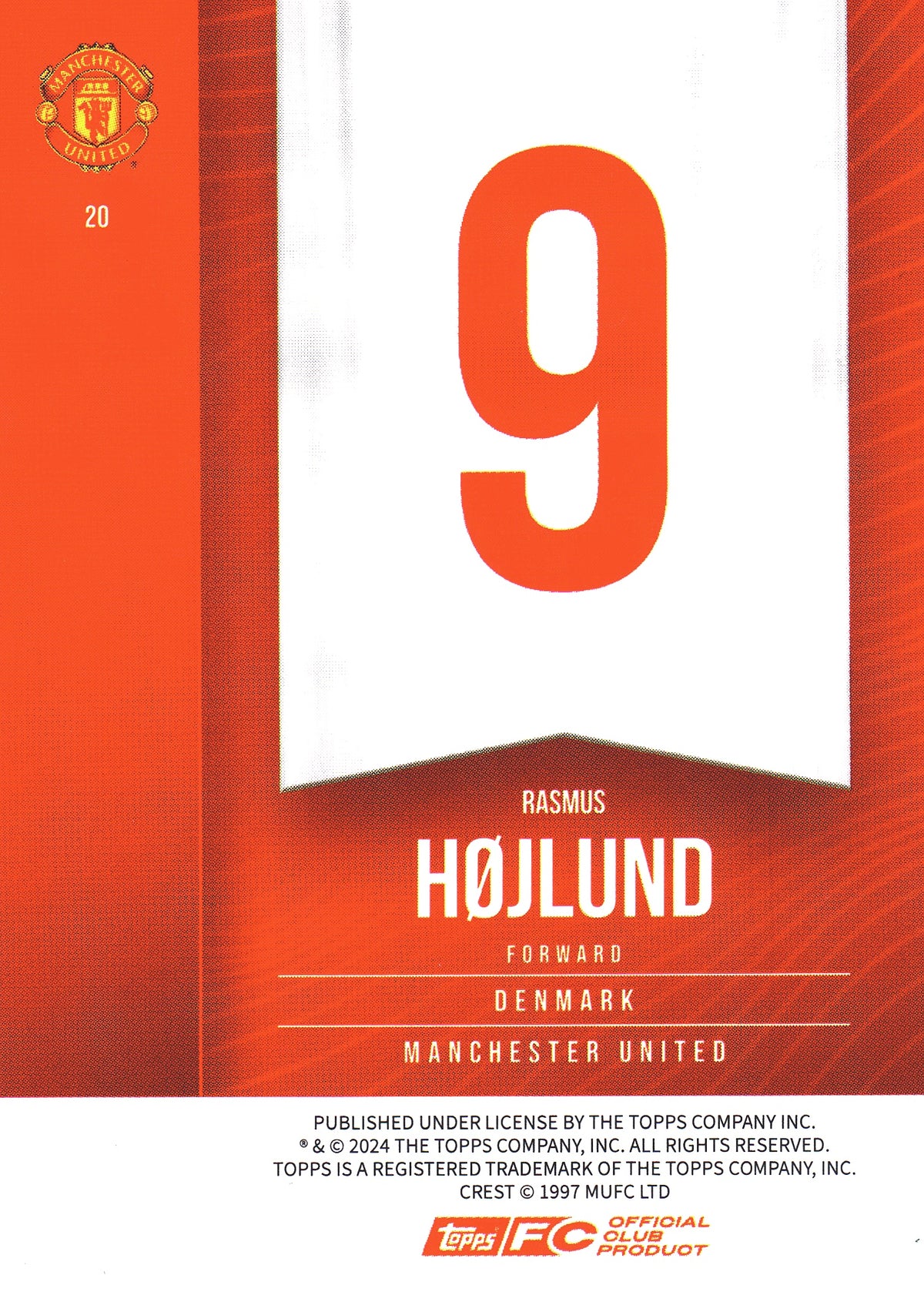 2024 Topps Manchester United Fan Set Rasmus Hojlund #20 Manchester United