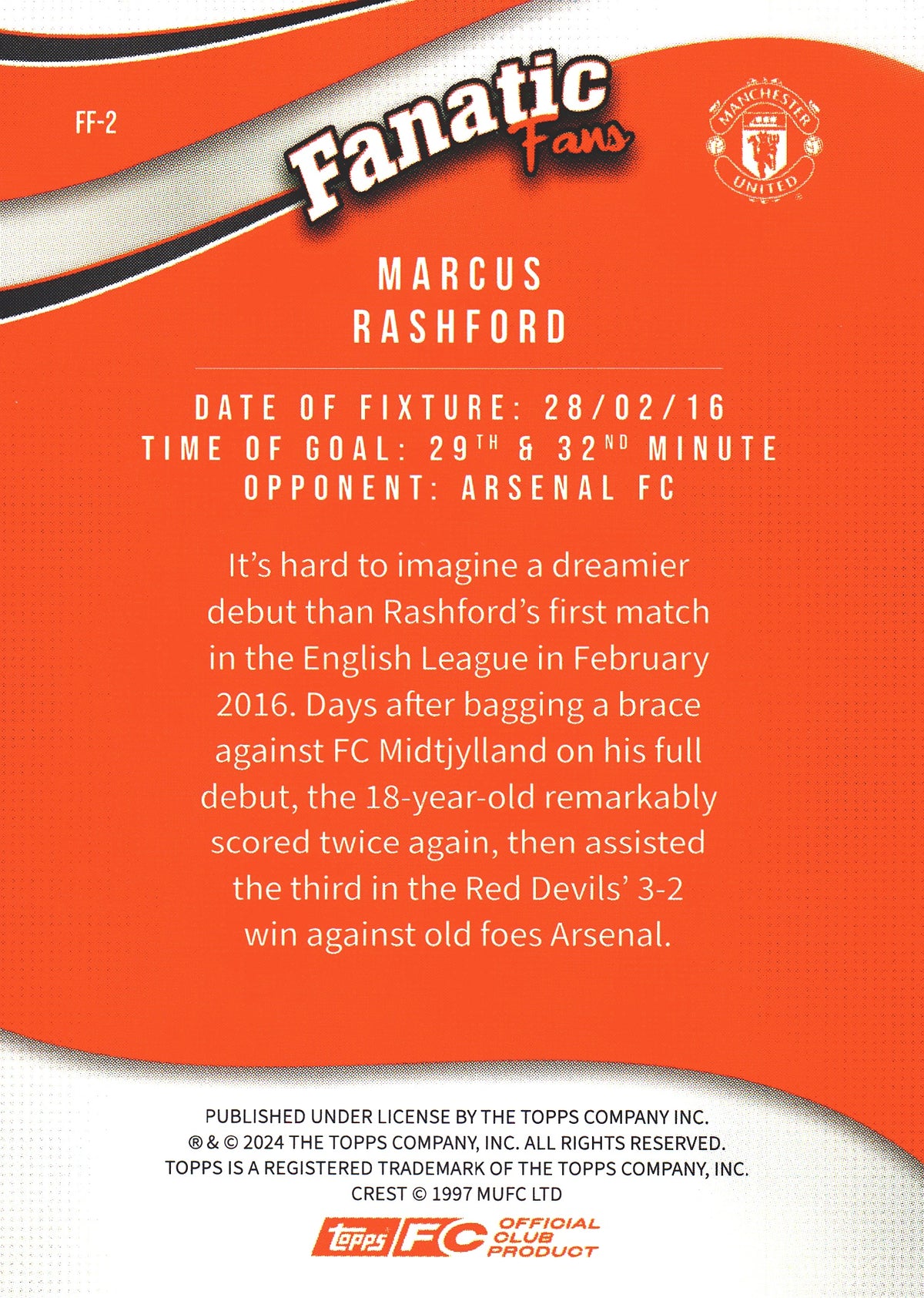 2024 Topps Manchester United Fan Set Fanatic Fans Marcus Rashford #FF-2