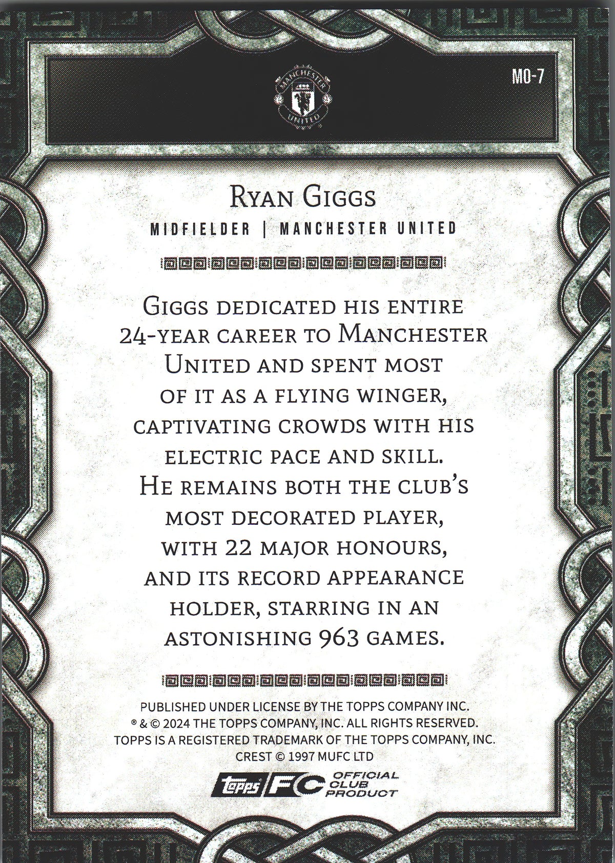 2024 Topps Manchester United Fan Set Monolith Ryan Giggs #MO-7
