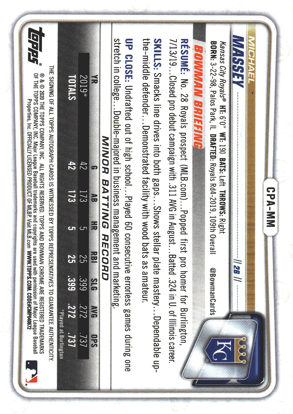 2020 Topps Bowman Chrome Prospect Auto Michael Massey #CPA-MM Kansas City Royals