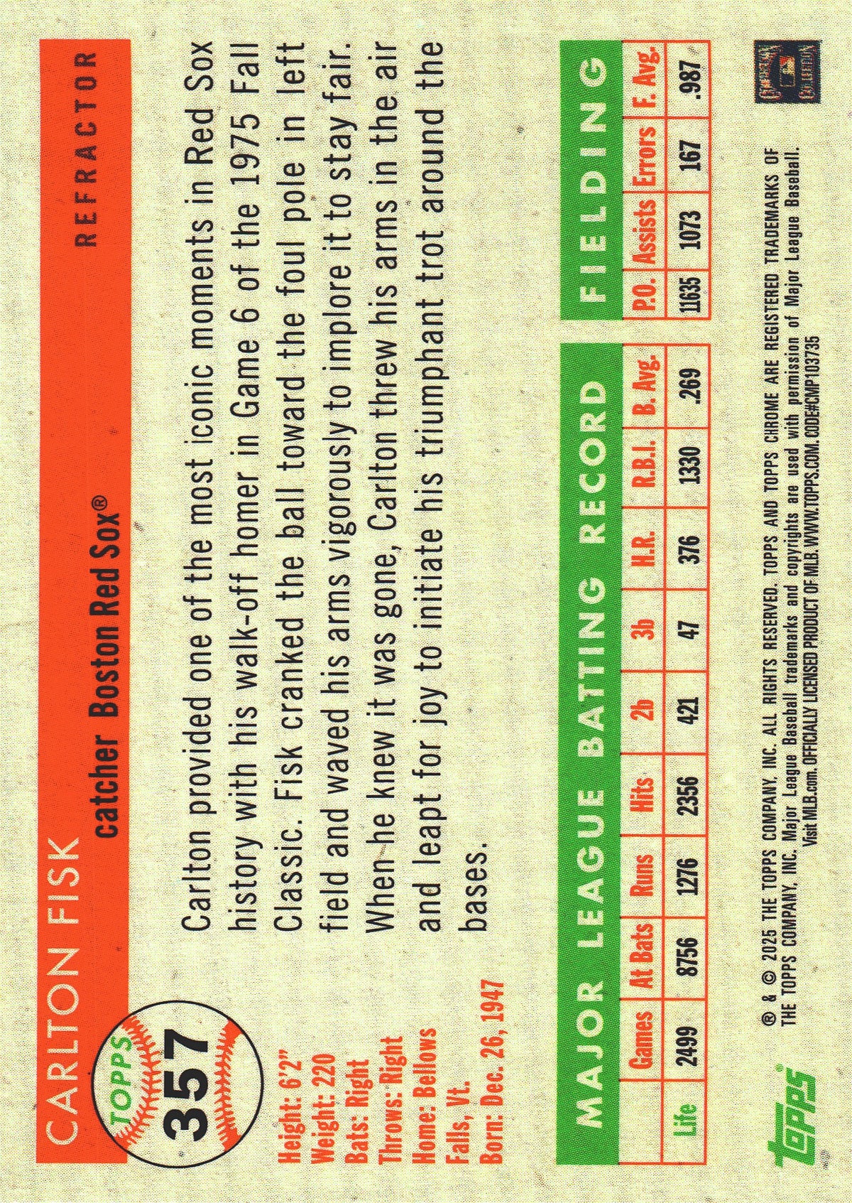 2025 Topps Chrome Platinum Refractor Carlton Fisk #357 Boston Red Sox