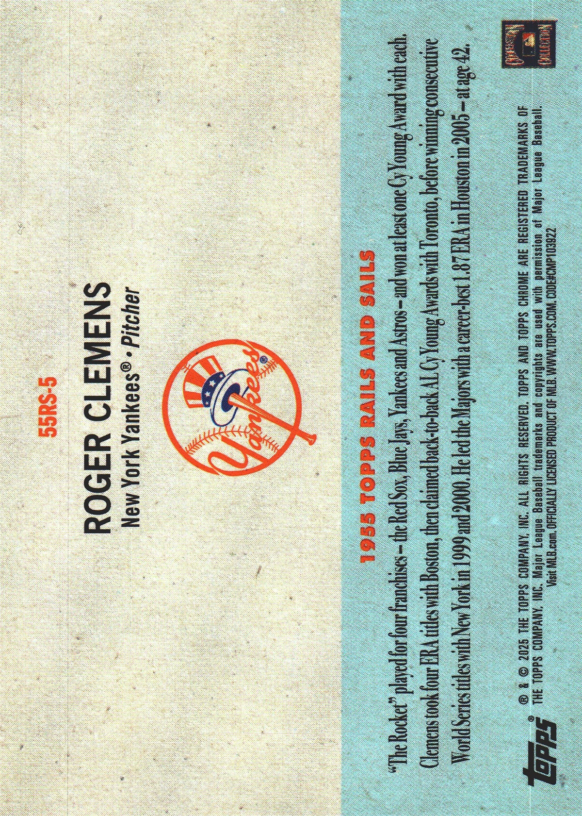 2025 Topps Platinum 1955 Topps Rails and Sails Roger Clemens #5 New York Yankees