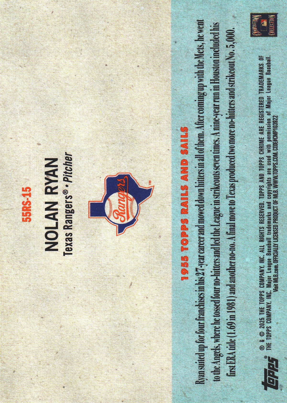 2025 Topps Platinum 1955 Topps Rails and Sails Nolan Ryan #15 Texas Rangers