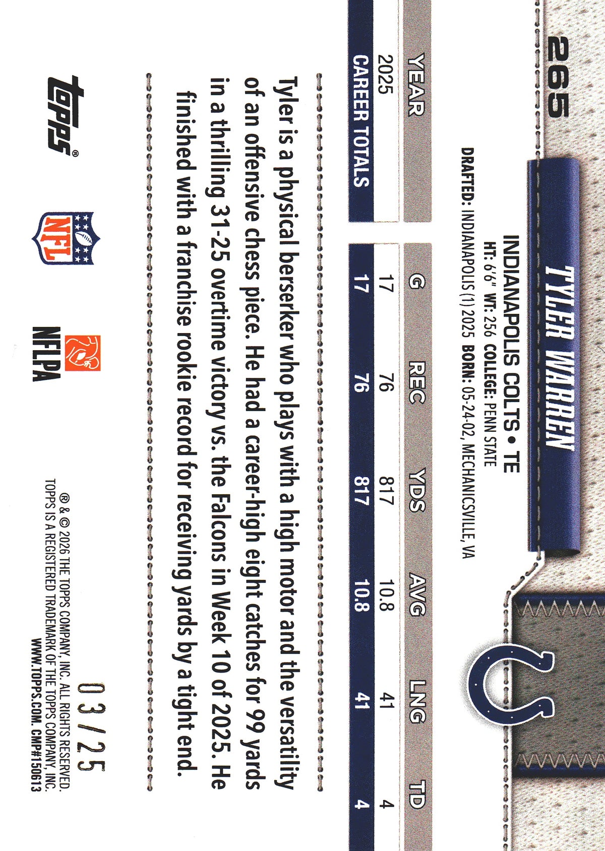 2026 Topps Flagship Future Stars Orange /25 Tyler Warren #265 Indianapolis Colts