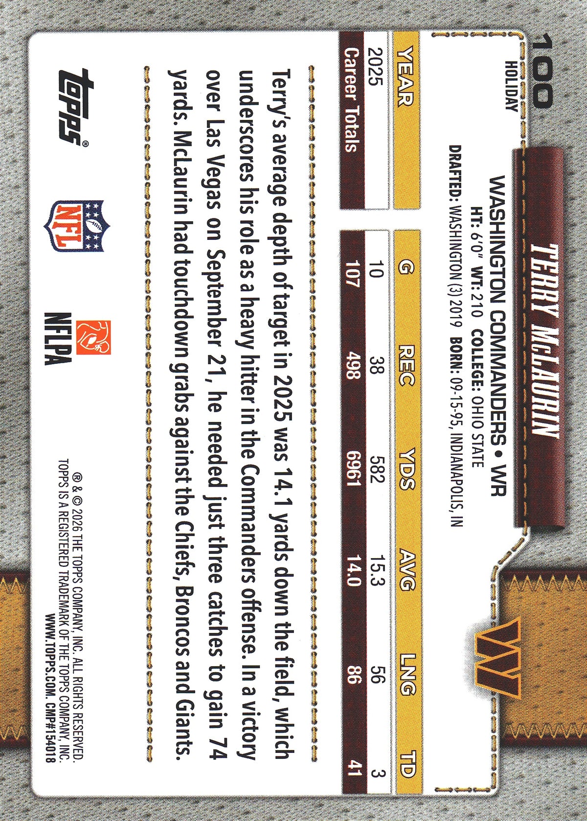 2026 Topps Holiday Terry McLaurin #100 Washington Commanders