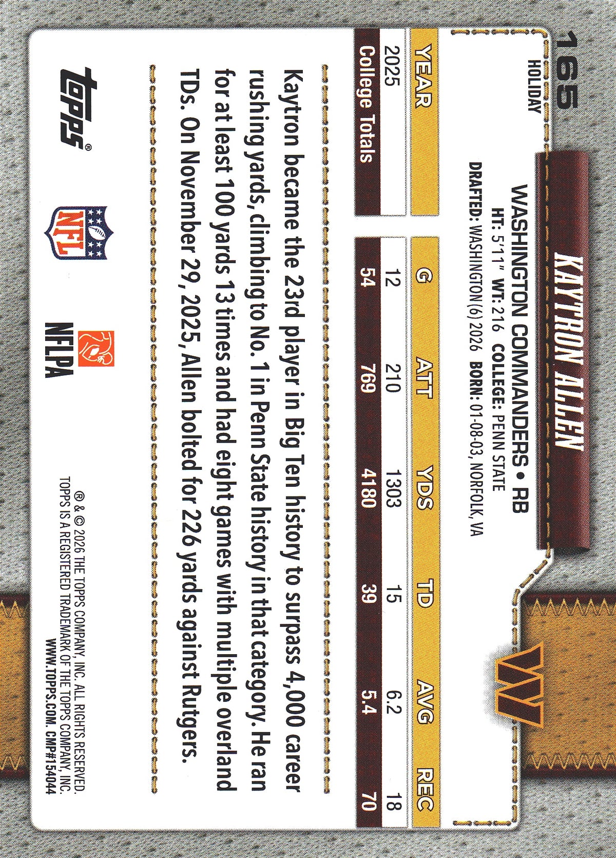 2026 Topps Holiday RC Kaytron Allen #165 Washington Commanders