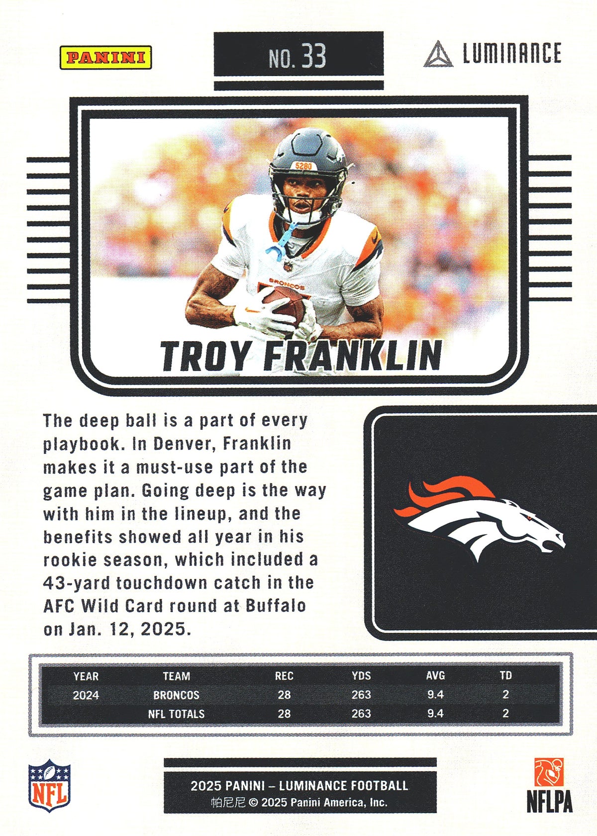 2025 Panini Luminance Troy Franklin #33 Denver Broncos