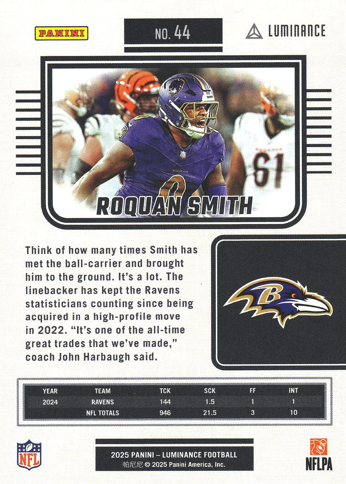 2025 Panini Luminance Roquan Smith #44 Baltimore Ravens