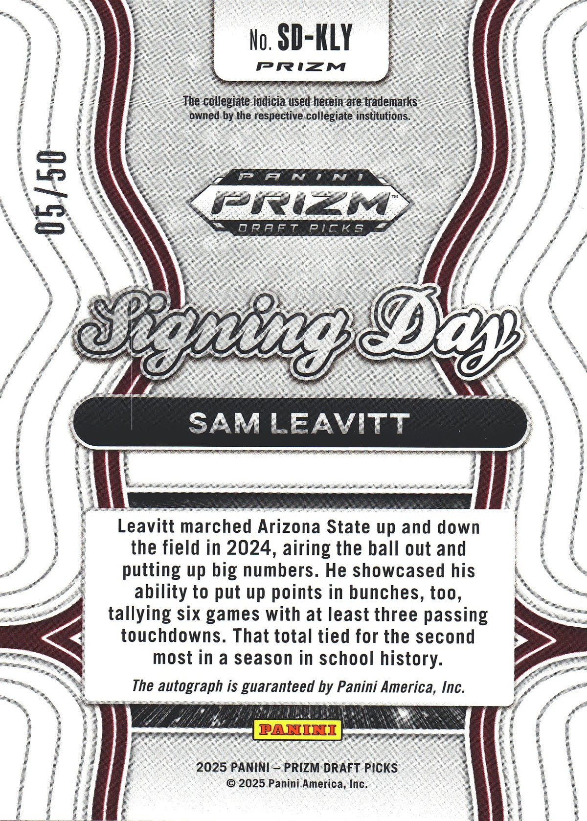 2025 Panini Prizm Auto /50 Rated RC Sam Leavitt #SD-KLY Arizona State Sun Devils