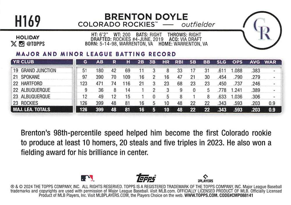 2024 Topps Holiday Brenton Doyle Colorado Rockies #H169